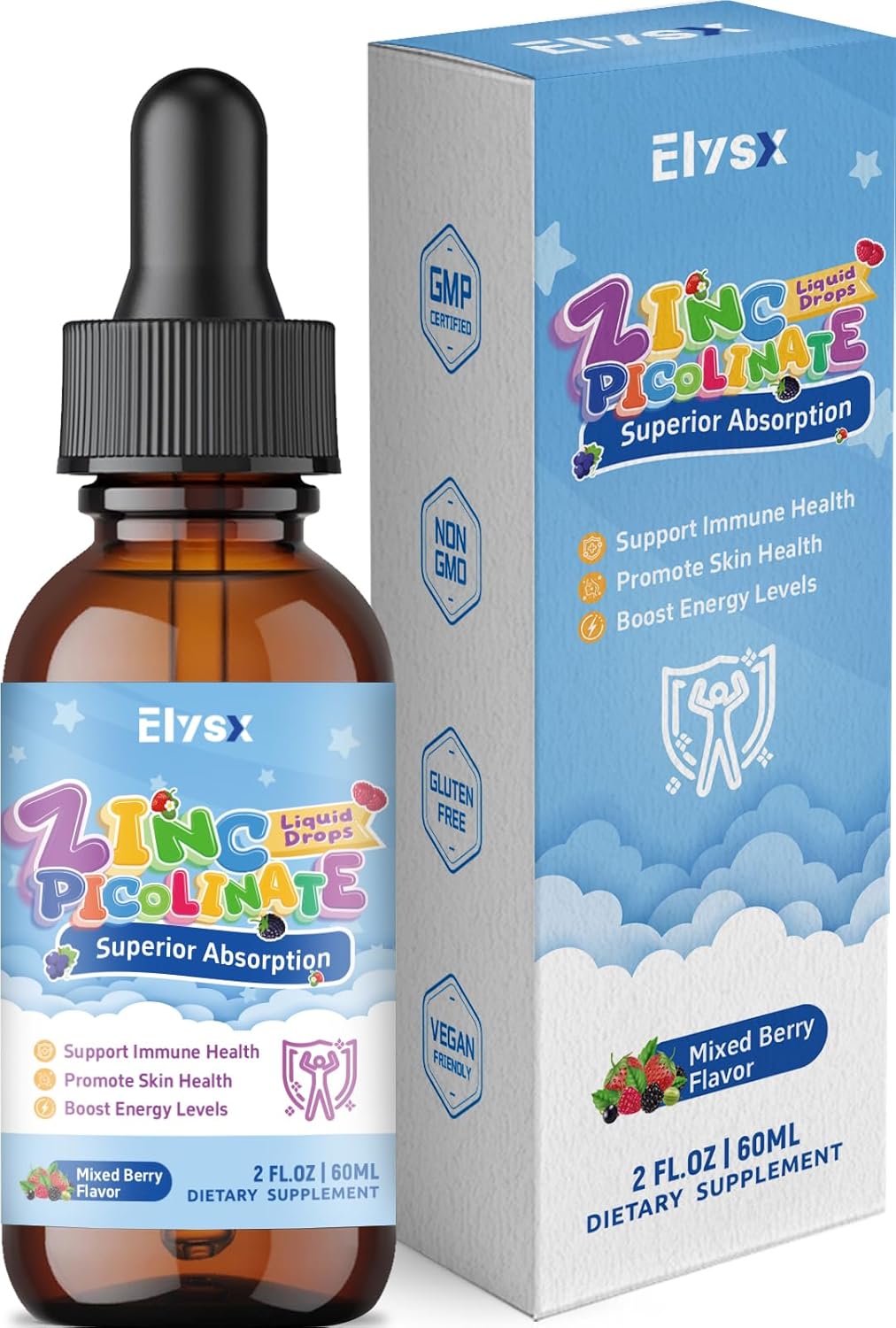 Zinc Picolinate Copper Liquid Drops, Celated Zinc 30mg with Copper, Selenium for Kids & Adults, Immune Support & Skin Health, Mixed Berry Flavor, 2 FL OZ
