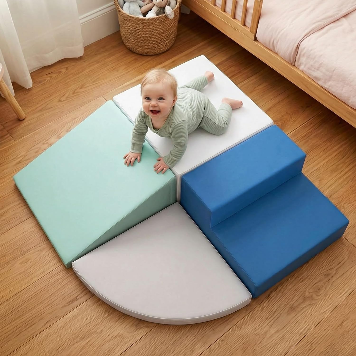 little dove 4-Piece Set Climbing Toys for Toddlers 1-3, Baby Foam Climbing Blocks for Toddlers, Soft Play Toddler Climbing Toys Indoor for Crawling Climbing and Sliding, Foam Play Gym, Blue & White