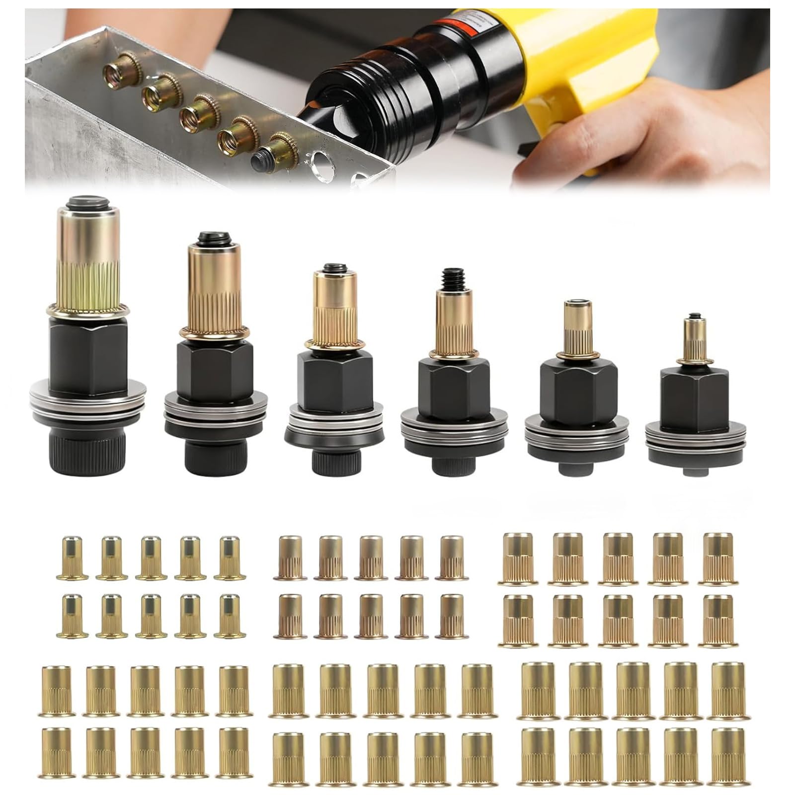 6 Piezas Remachadora Manual de Cabezales Kit, M3 M4 M5 M6 M8 M10 Remachadora de Tuercas Accessori, Juego de Cabezales para Remachar a Mano, Contiene 60 Tuercas, para Taller, Construcción