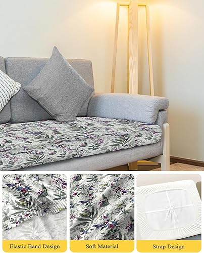 Miniatura 4 de Fundas de cojín para sofá botánico gris, funda elástica para sofá con parte inferior elástica, diseño de plantas pastorales y pájaros florales de
