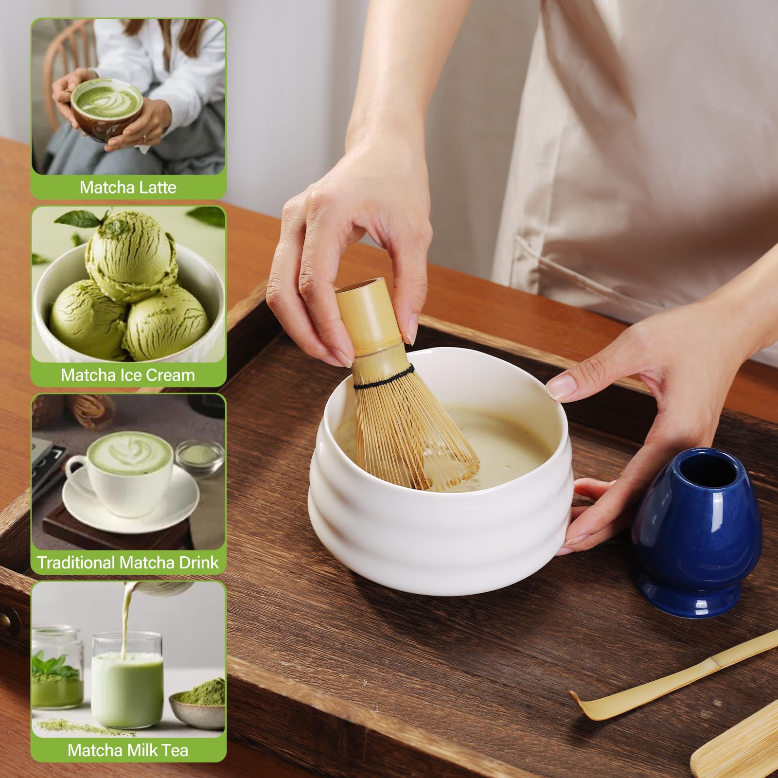 Set Té Matcha | Kit Tradicional 4 Piezas con Batidor de Bambú Natural (100 Puntas), Soporte Cerámico Azul Marino, Chashaku, Espátula y Bolsa de Lino Ecológica