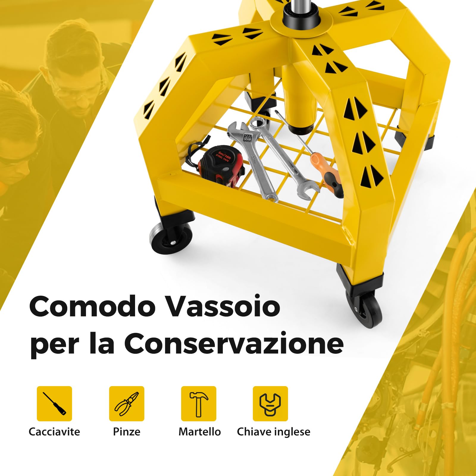 GYMAX Sgabello da Meccanico con Ruote, Altezza Regolabile, Sedile Girevole con Vassoio Porta Attrezzi, capacità di 150 kg, Sedile Girevole per Garage, Officina (Giallo)