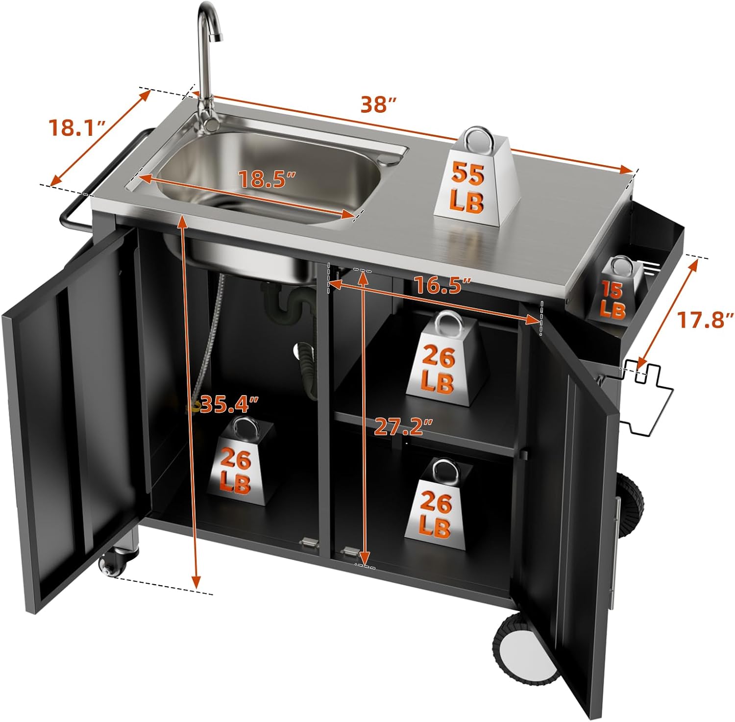 Outdoor Grill Table with Sink, Grill Cart with 304 Stainless Steel Sink and Cabinet, Outdoor Grill Cart,Outdoor Cart Sink Station with Wheels, L38” x W18” x H35”