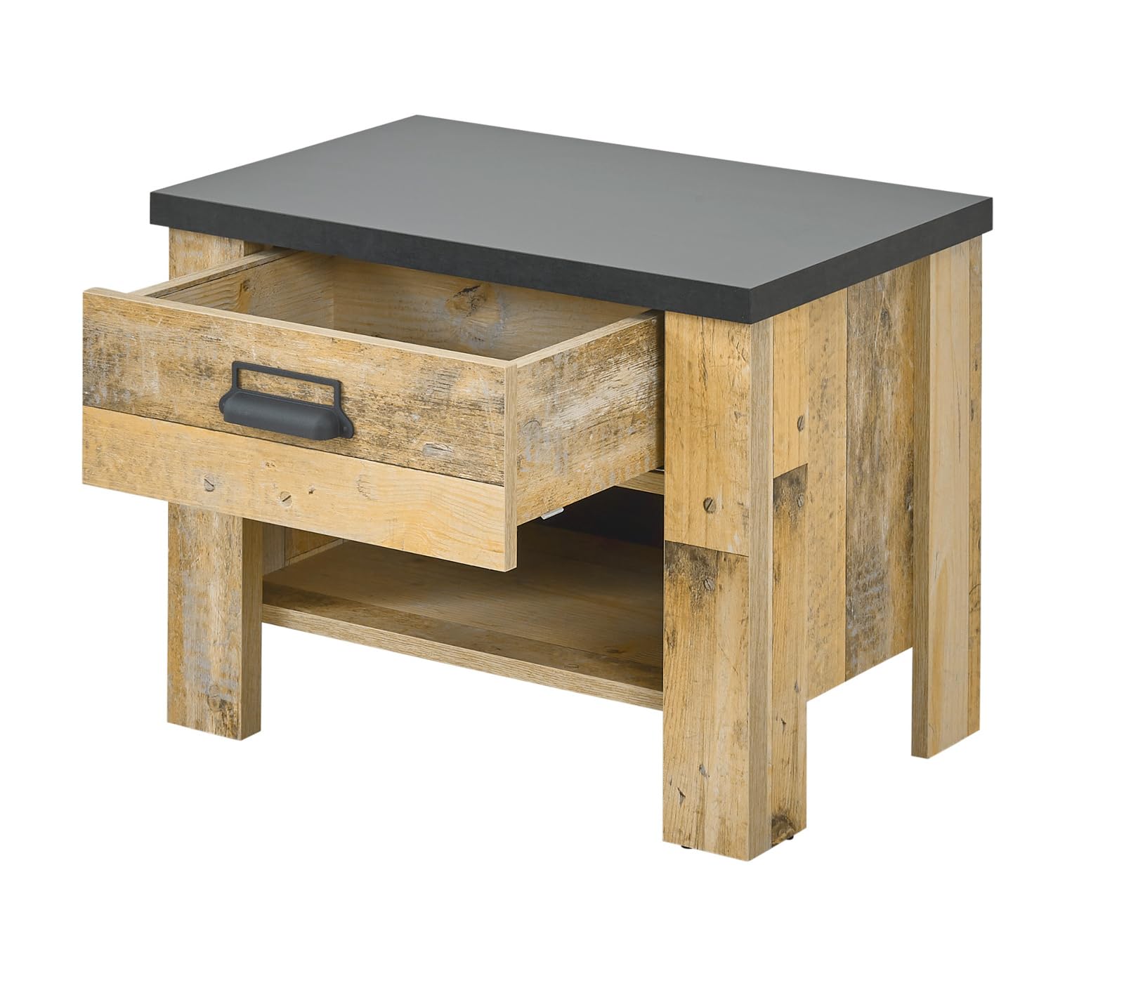 Schlafzimmer Set in Used Wood hell Holz und grau/anthrazit mit Einzelbett Liegefläche 140 x 200 cm und 2X Nachttisch Schlafzimmermöbel Kombination 2-teilig Stove (Set 2)