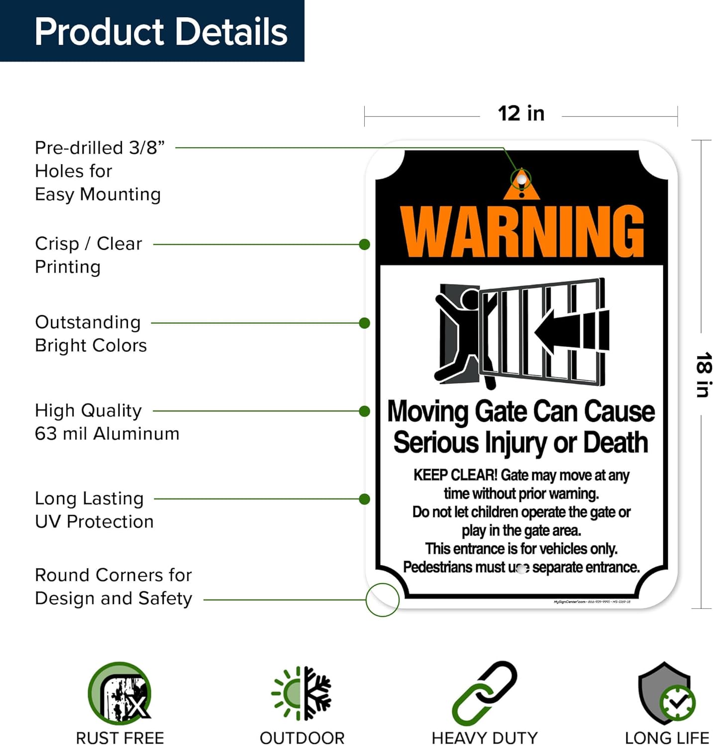 Warning Moving Gate Can Cause Serious Injury or Death Sign, 12"x18" Aluminum, Fade Resistance, Indoor/Outdoor Use, USA MADE By My Sign Center