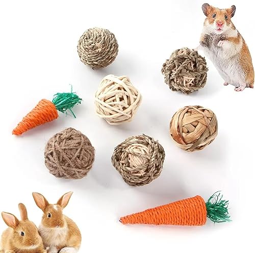 8 pelotas de juego de animales pequeños, bolas de hierba para masticar y juguetes masticables rodantes para conejos, mejoran la salud dental de las