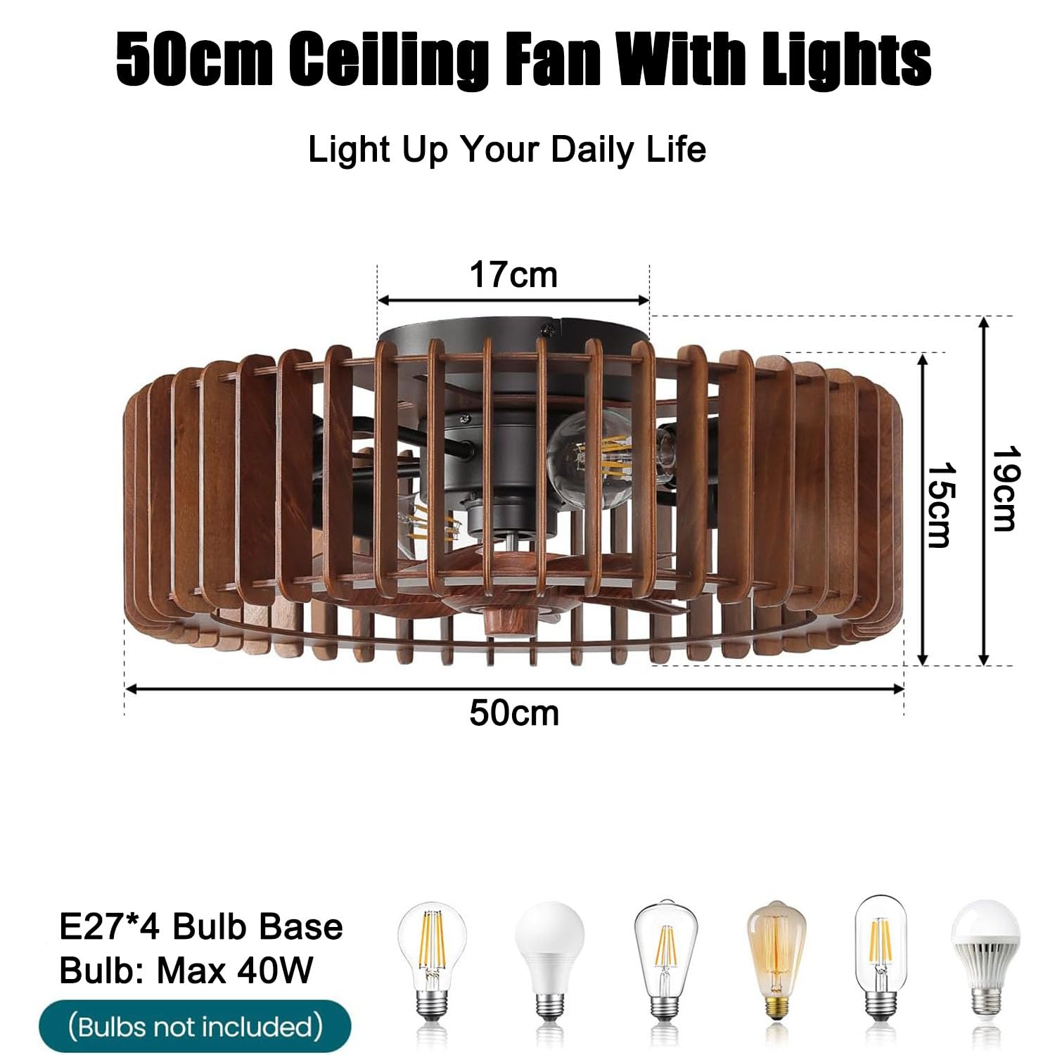Deckenventilator mit Beleuchtung, Echtholz, 50 cm, 4× E27 | Deckenlampe mit Ventilator, Echtholzgitter, 4 E27-Fassungen, Fernbedienung, 6 Stufen, Timer und umkehrbarer Drehrichtung.