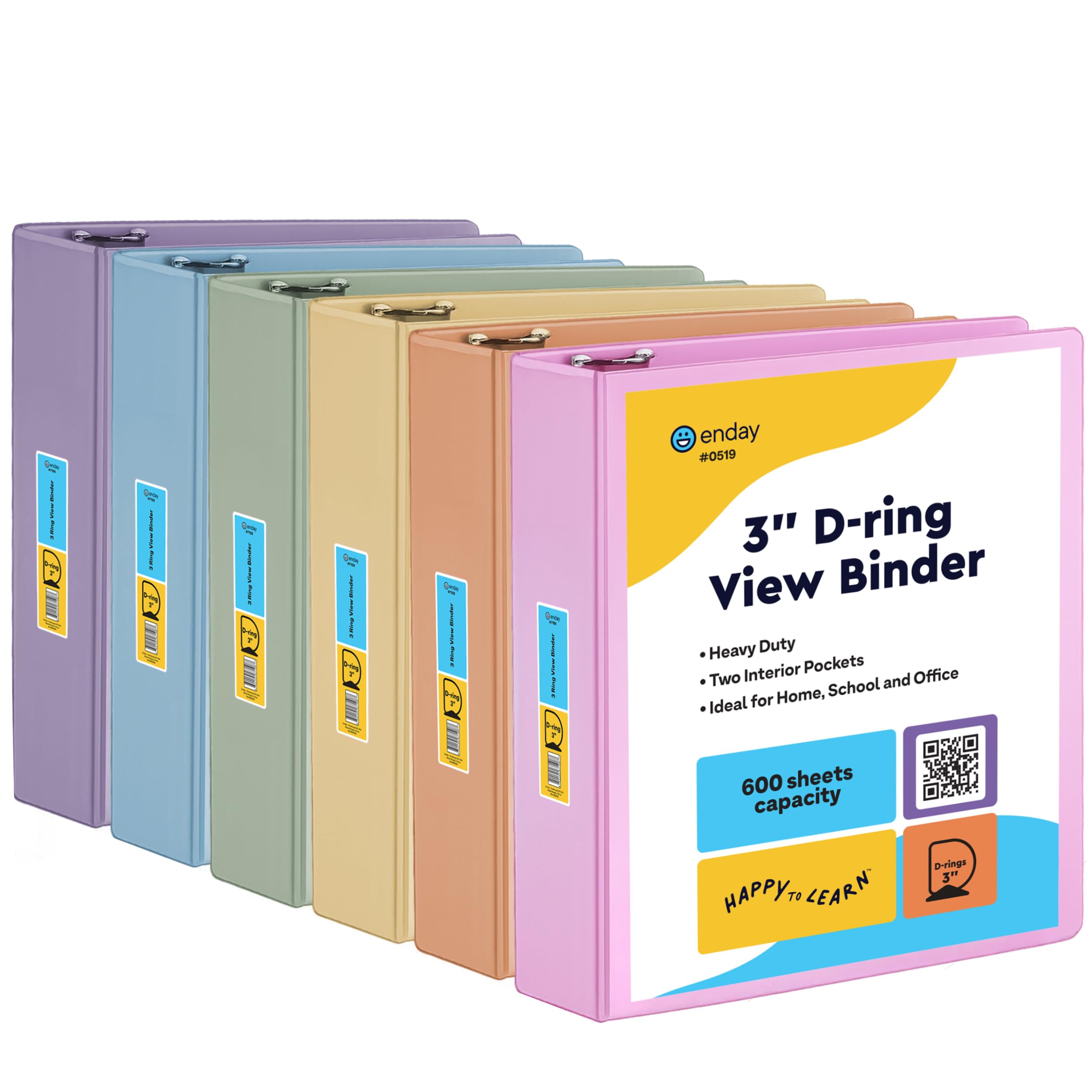 Enday Lot de 6 classeurs à 3 anneaux de 7,6 cm - Couleurs assorties - Couverture transparente et 2 poches intérieures - Pour papier format lettre 21,6 x 27,9 cm, idéal pour les fournitures scolaires