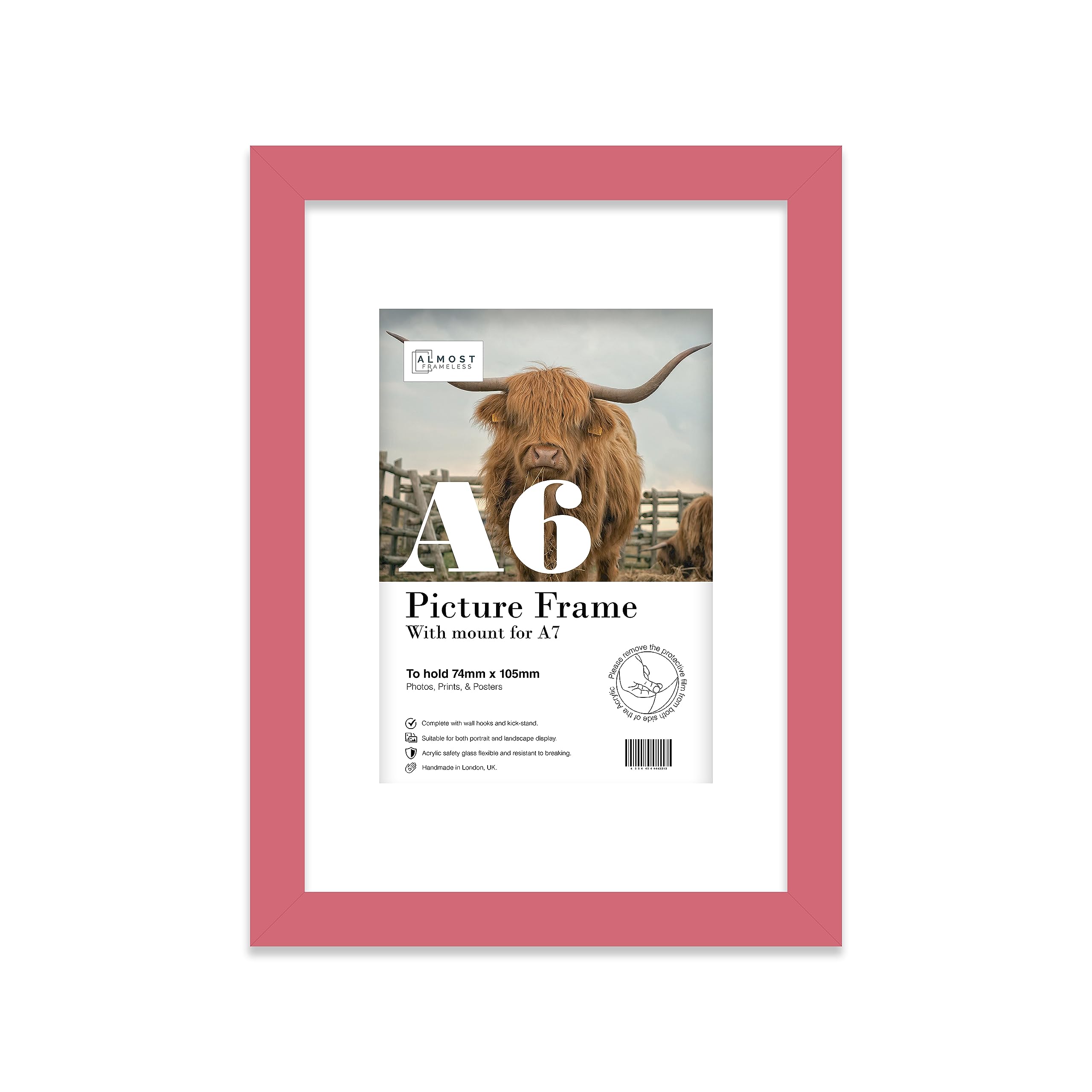 Almost Frameless A6 Pink Picture Frame With Mount for A7 Print, Poster or Photo Poster, Photo, Artwork, or Print. Thin Edge Slim Frame Portrait and Landscape Display with Wall Hooks