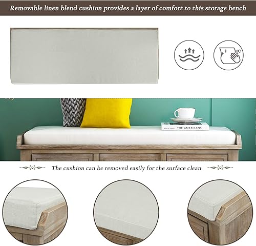 Miniatura 14 de SOFTSEA - Banco organizador de almacenamiento con 3 cajones, 3 canastas de ratán y cojín extraíble, para entrada, pasillo, sala de estar (negro)