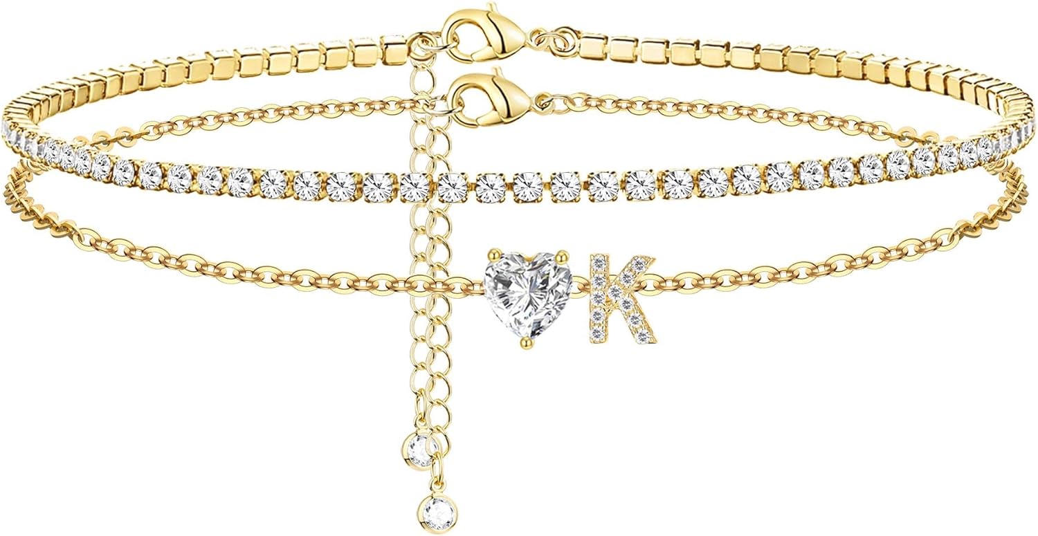Gold Initial Ankle Bracelets for Women 14K Gold Plated CZ heart Tennis Anklets for Women Waterproof Layered Adjustable Letter Anklets Large Ankle Summer Beach Foot Jewelry