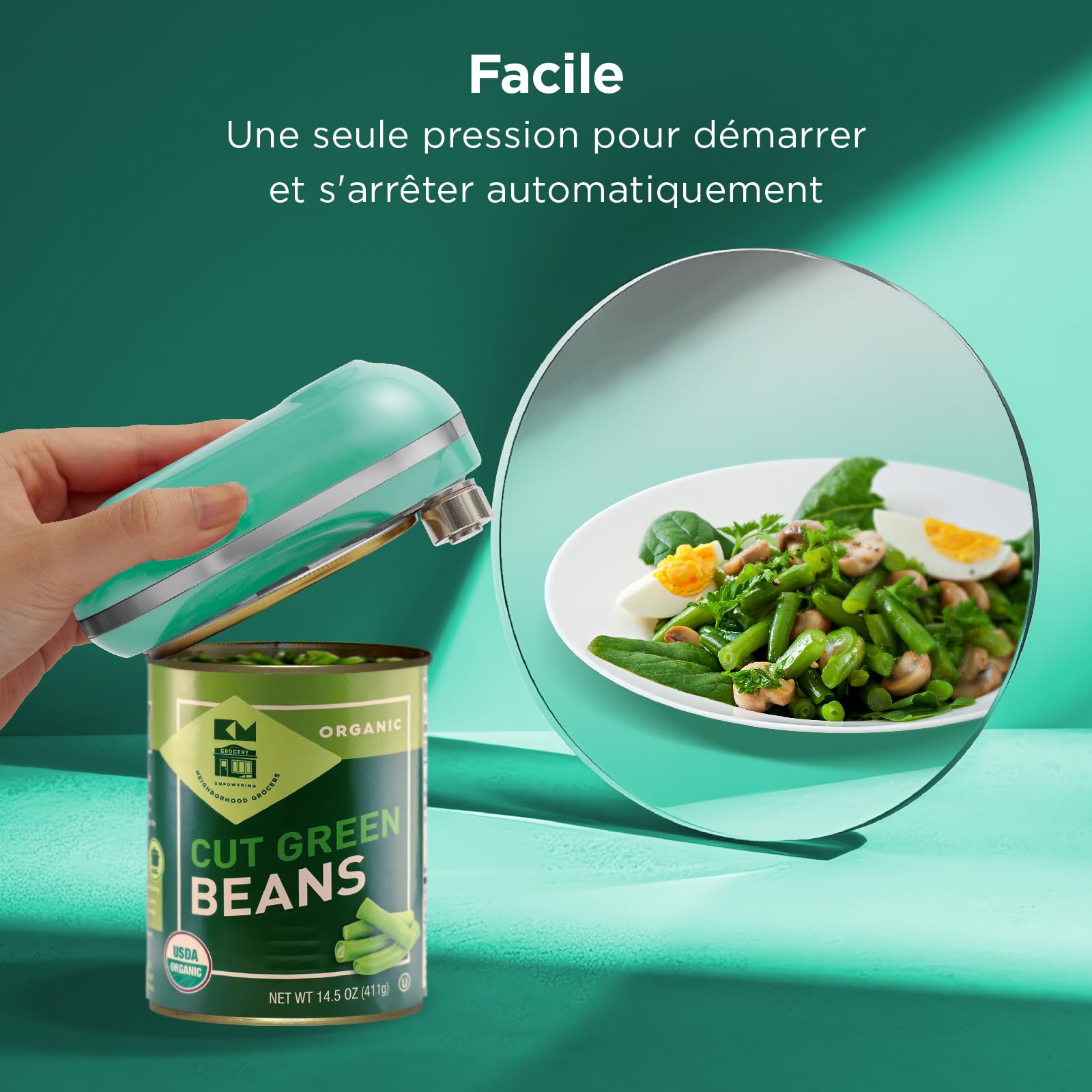 Kitchen Mama Mini Plus Ouvre-boîte électrique rechargeable : Compact, chargement de type C, mains libres, arrêt automatique, bord lisse, sans danger pour les aliments (Turquoise)