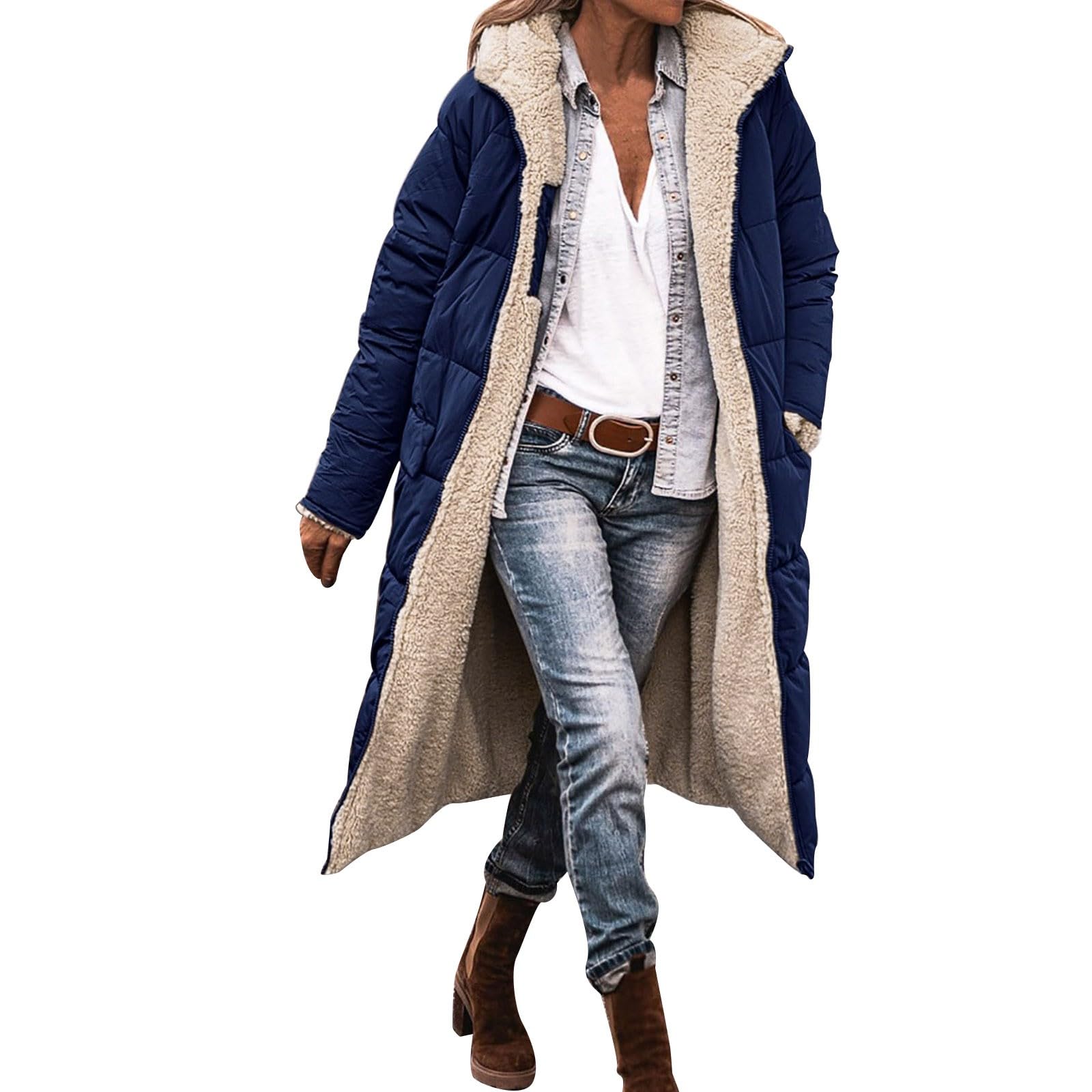 Generisch Giacca invernale da donna alla moda con fodera in pile, reversibile, con tasche con cerniera, abbigliamento casual per le giornate fredde
