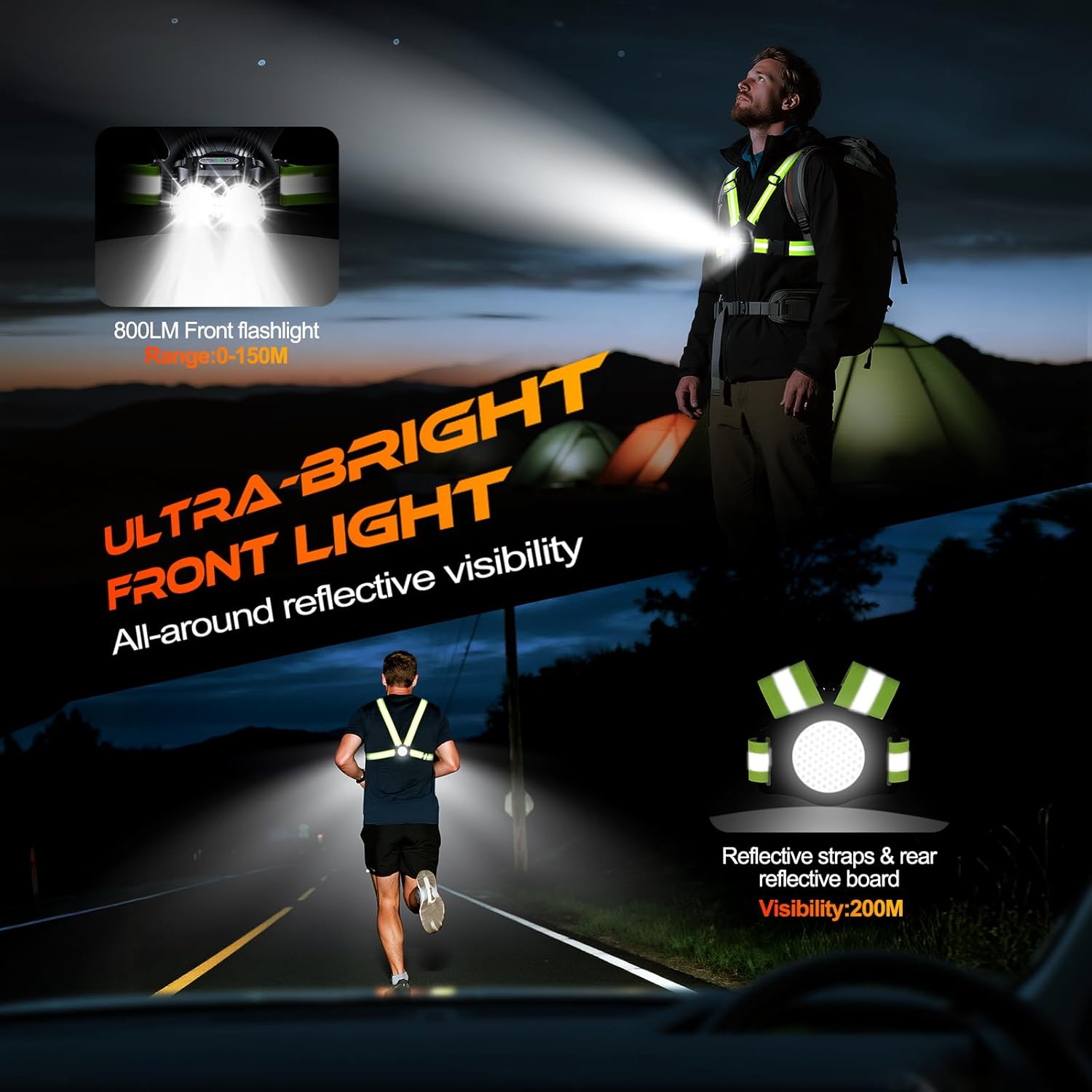 Running Lights for Runners 800LM, 6 Modes Running Light with 45°Adjustable Tilt, IPX5 Waterproof Rechargeable Visibility Reflective Vest for Night Walking/Cycling/Jogging, 4-25Hrs Runtime