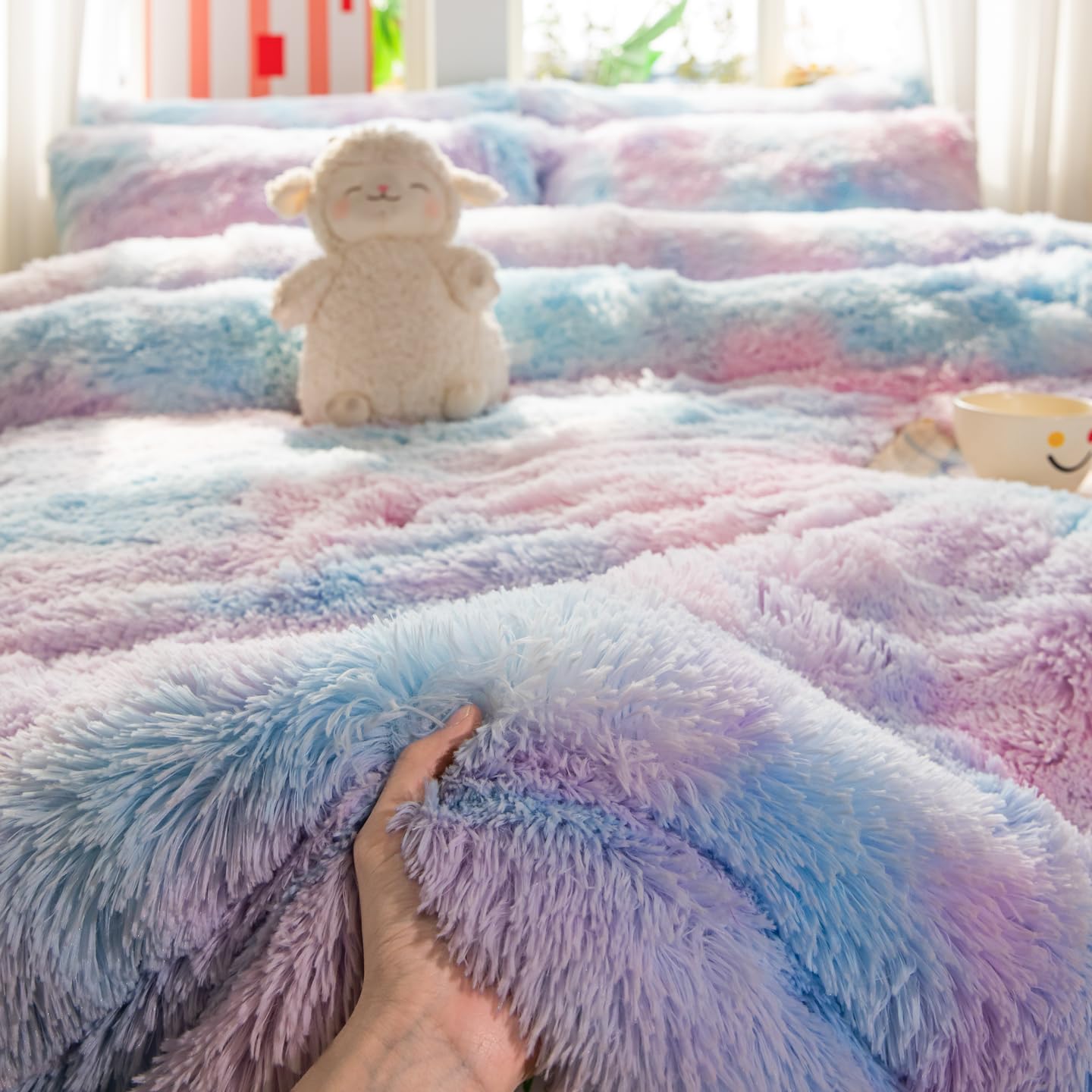 chovy Faux Fur Plush Tie-Dyed Blue Comforter Sets Twin/Full Size - Ultra Soft Shaggy Flannel Velvet Fluffy Fuzzy 3PC Bedding Set (Comforter x 1 Pillowcases x 2) - Image 7