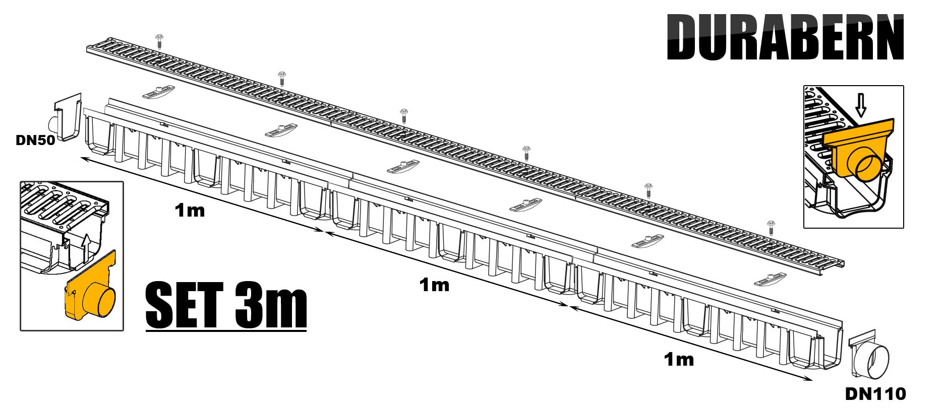 3-Meter Entwässerungsrinnenset Entwässerungsrinne 98 mm 3m Set - Hochwertige Ablaufrinne für Garten, Hof & Terrasse (Verzinkt Stahl (A15, 1,5t))