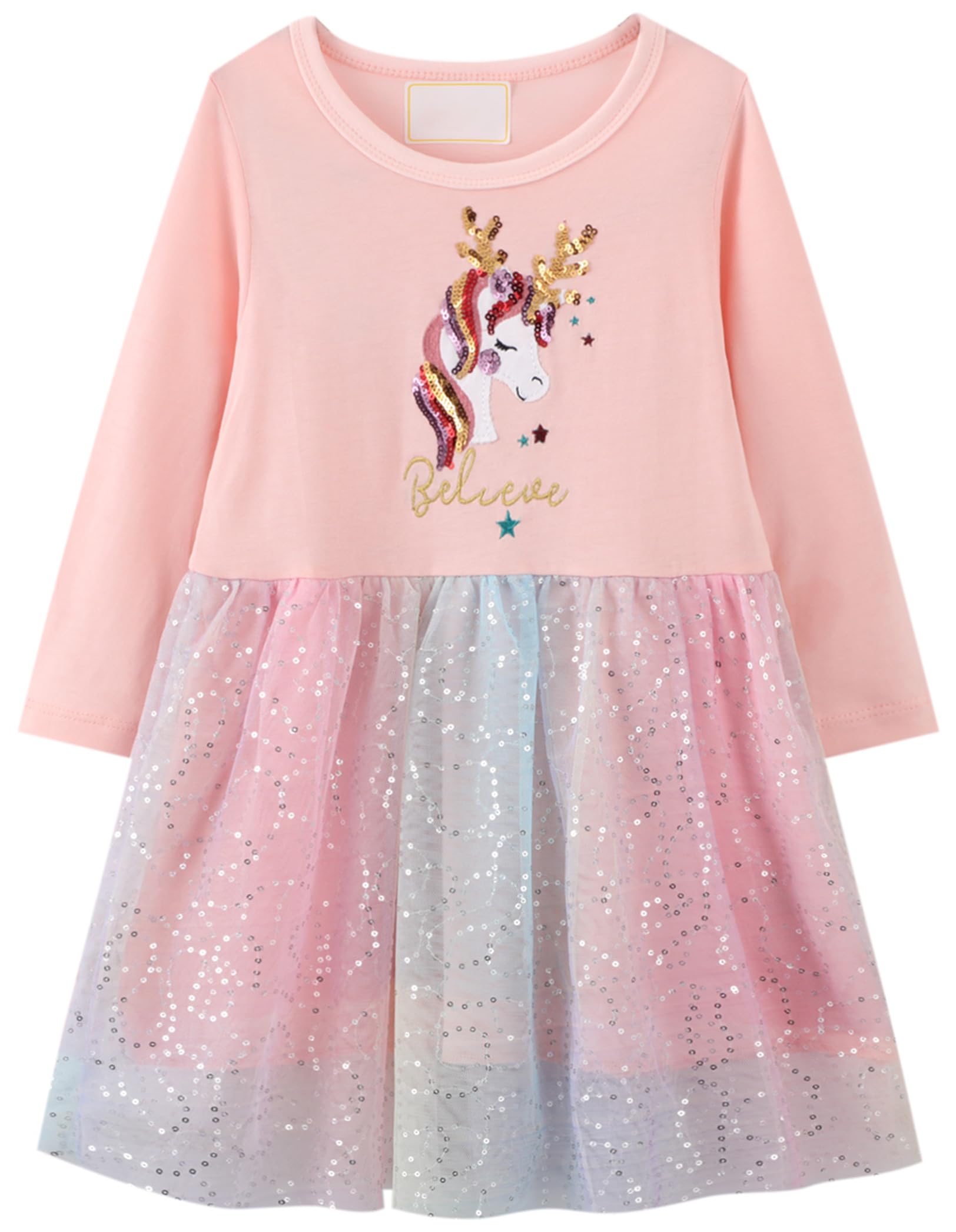Kleid Mädchen Langarm Baumwolle Jersey A-Linie Freizeitkleidn Einhorn Kleider für Mädchen