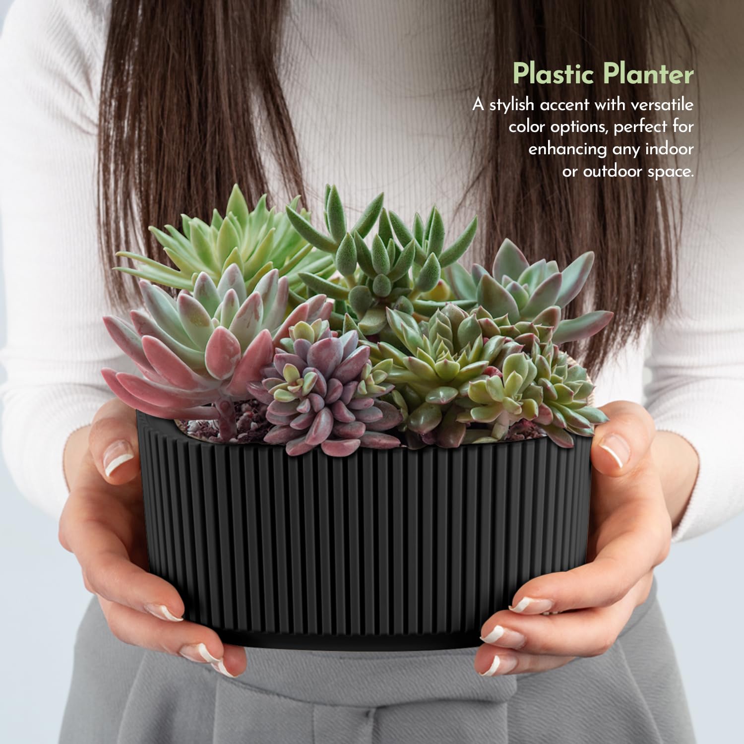 alqua 20CM Elliptical Self Watering Plant Pot Black Plastic Flower Pot with Drainage Large Modern Matte Planter for Indoor & Outdoor Use Arrangement Container Stylish Plant Decor - Image 3
