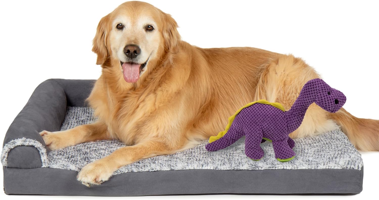 FurHaven Orthopedic Dog Bed & goDog Toy - Squeaky Plush Dino with Chew Guard Technology for Large to Medium Dogs - Two-Tone Plush Faux Fur & Suede L Shaped Chaise - Stone Gray, Large