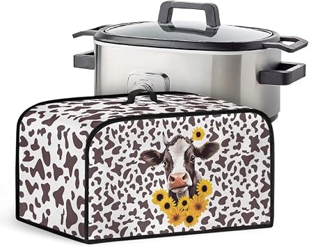 Cow Sunflower and Stripes Slow Cooker Cover Slow Pot Crock Pot Kitchen Appliance Cover with Top Handle Pockets Dust Protection