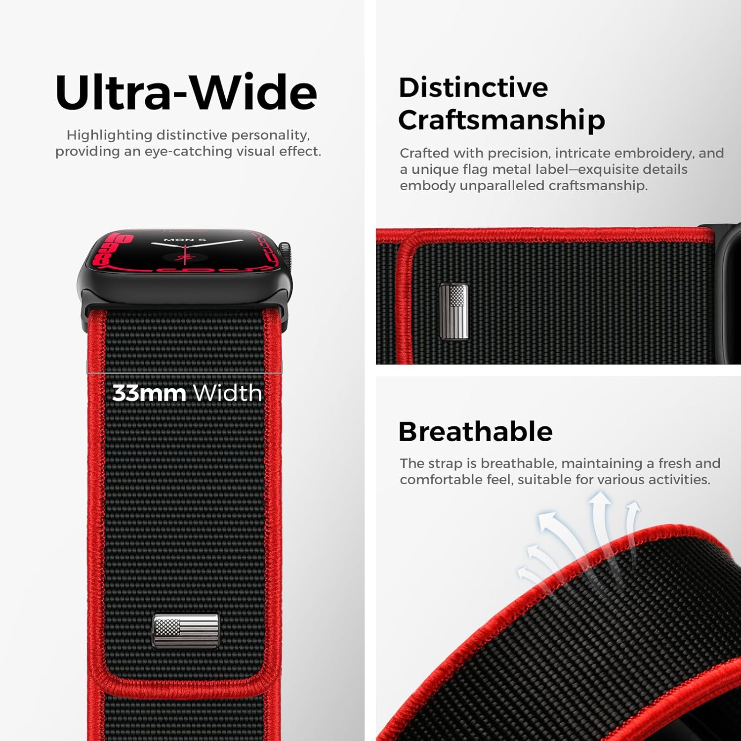 Tefeca Fortitude Elite Series Ultrawide Band Compatible with Apple Watch Ultra 2/Ultra 49mm, Series 10 46mm, 9/8/7 45mm, SE2/SE/6/5/4 44mm, Sports Theme, 42mm Fabric Black Band
