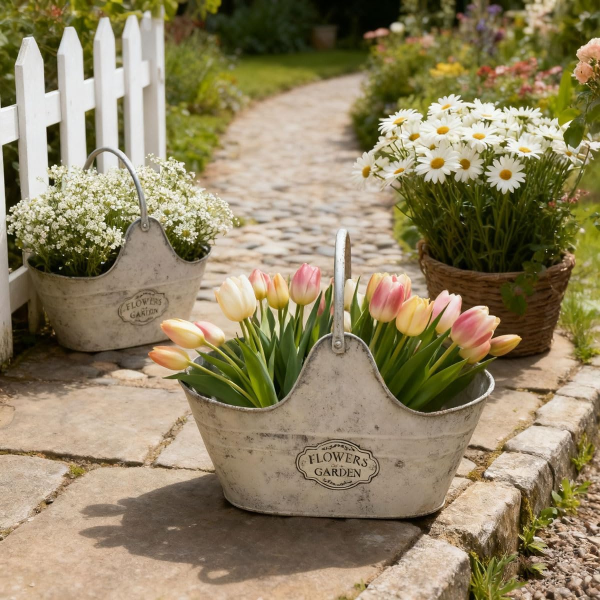 Rustic Metal Garden Planters Set of 2 Decor White Vintage Distressed Design Farmhouse Plant Basket with Handle Flower Vase Pot for Wall Pocket Home Indoor Outdoor Balcony Yard Decorative