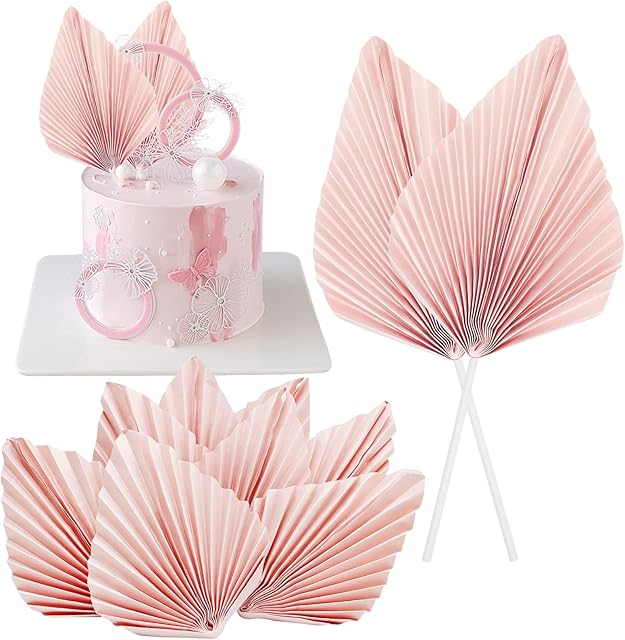 Pink Paper Palm Fan Cake Toppers, Wieat 8 Pcs Happy Birthday Cake Decorations, Palm Spear Leaf Cupcake Toppers Cake Insert Decoration, Craft DIY Bakeware Decoration for Birthday Party Wedding Supplies