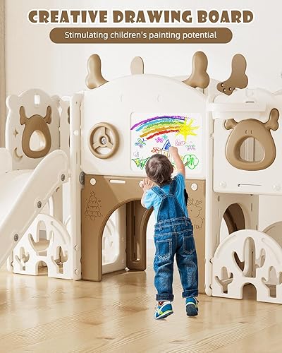 Miniatura 6 de YUFU Tobogán infantil 13 en 1 para niños pequeños, juego de tobogán con golf, tabla de dibujo, escalador, aro de baloncesto y espacio de