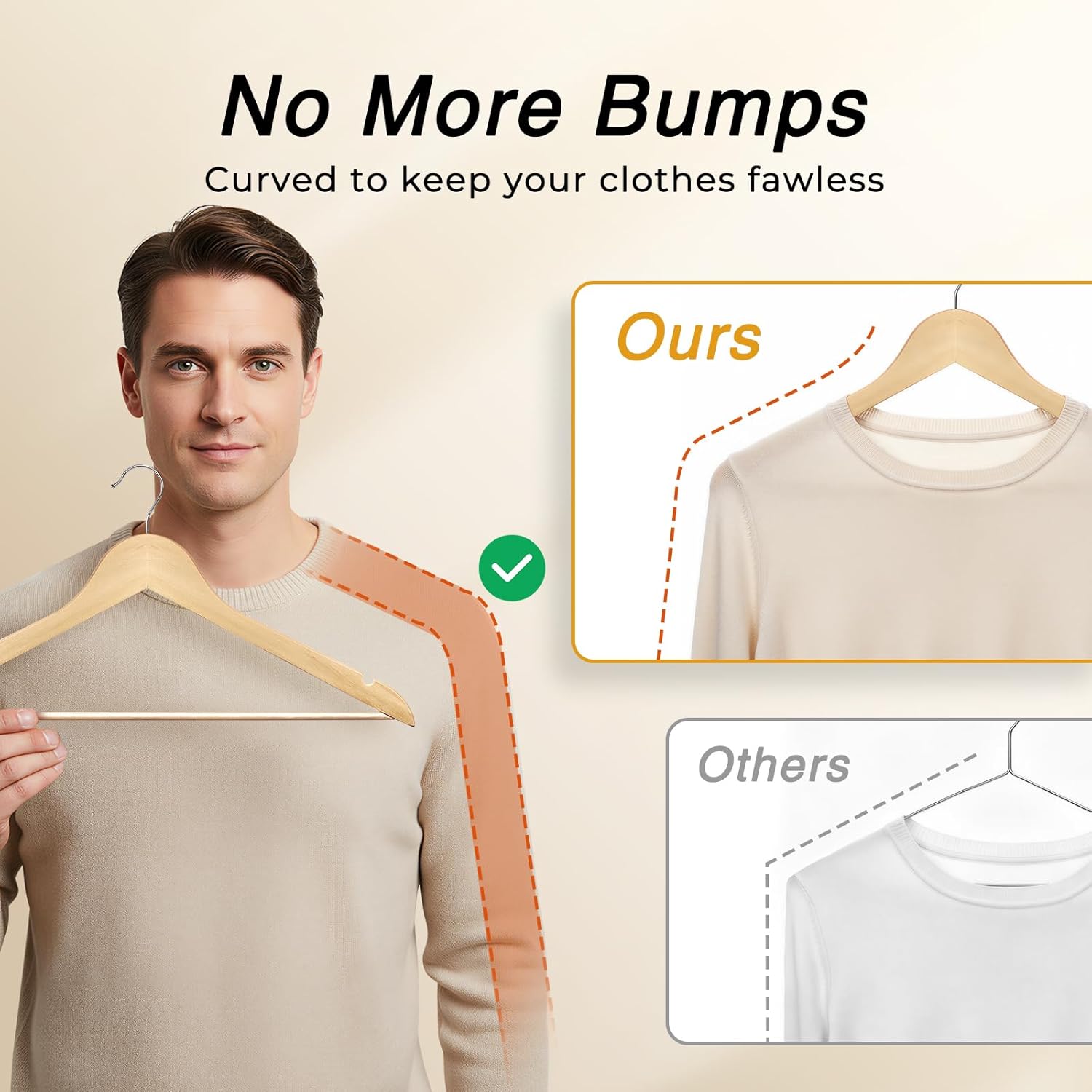 HOUSE DAY Slim Wooden Hangers 30 Pack, Solid Wood Hanger with Non Slip Shoulder Notches & Pant Bar, Smooth Finish Wood Clothes Hangers for Shirts, Suits, Jackets, Natural