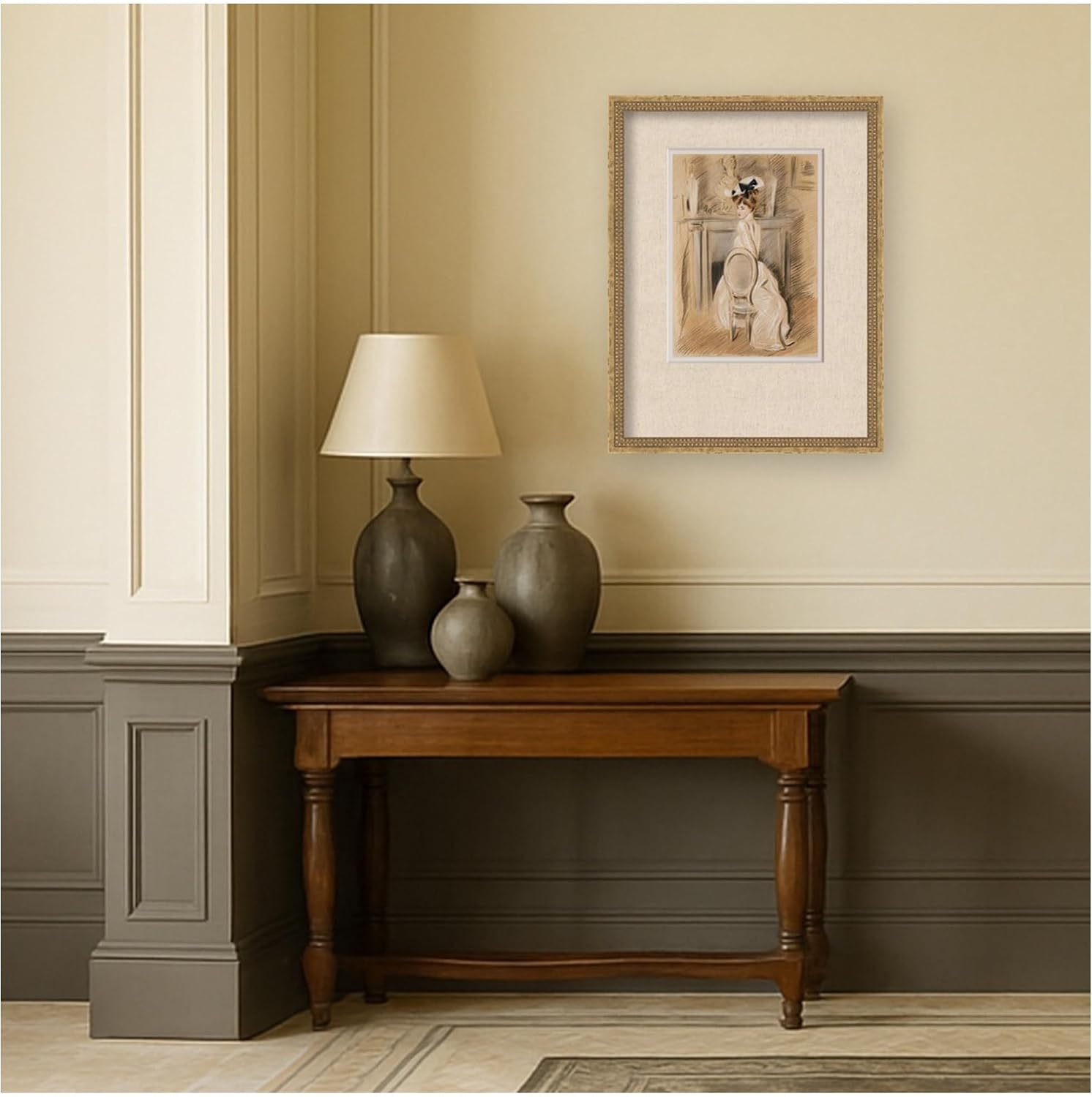 Kate and Laurel Framed Wall Art Print Alice Helleu Portrait Paul Cesar Helleu Faux Mat by Nostalgia Prints, 20 x 26, Castellan Gold Frame, Traditional, Person Art for Wall Decor