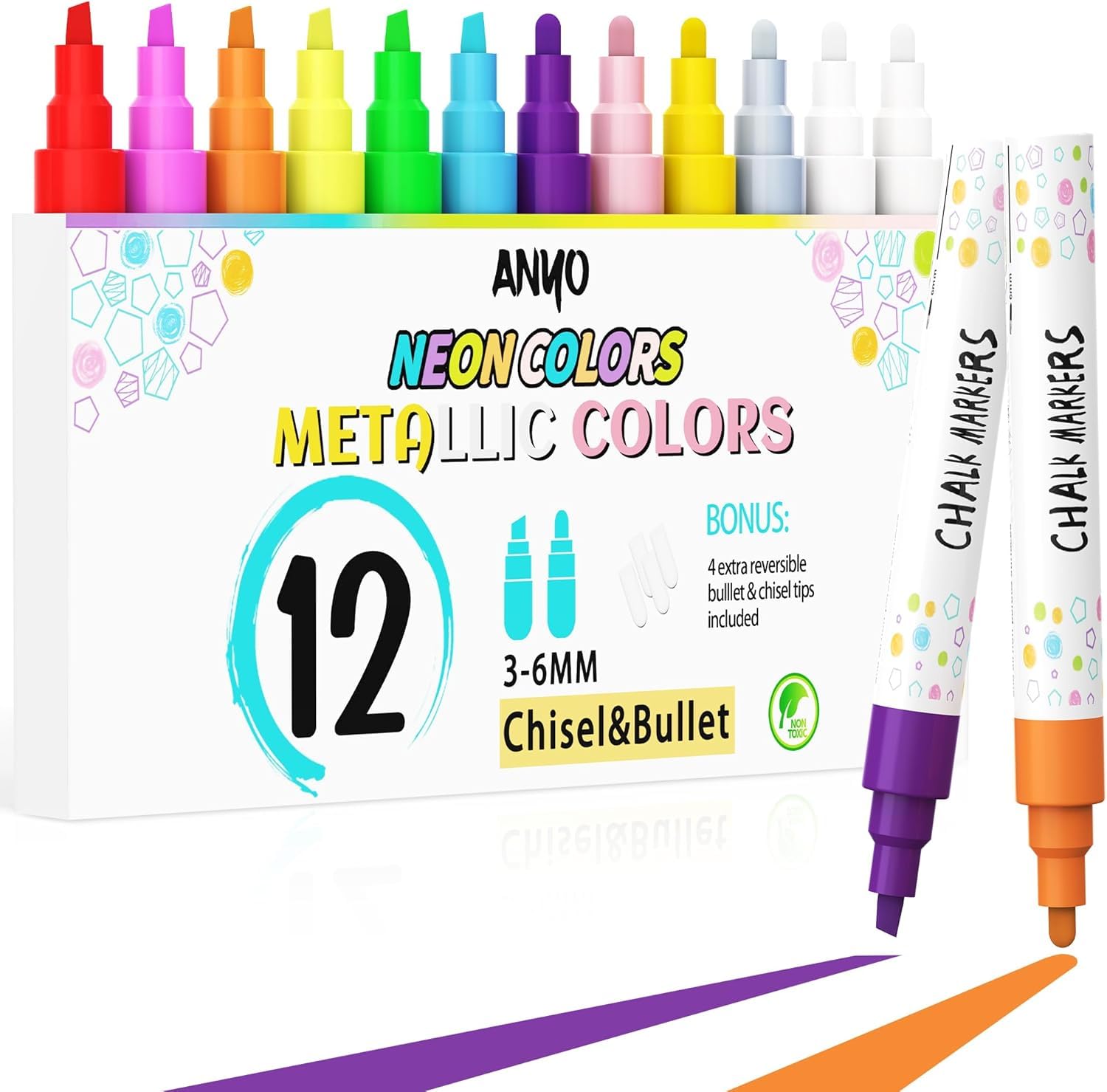 Anyo 12 Pack Chalk Markers for Blackboard, Window Paint with 6mm 2-in-1 Bold Nib Tip, Metallic & Neon Color Wet Erase Window Markers for Glass