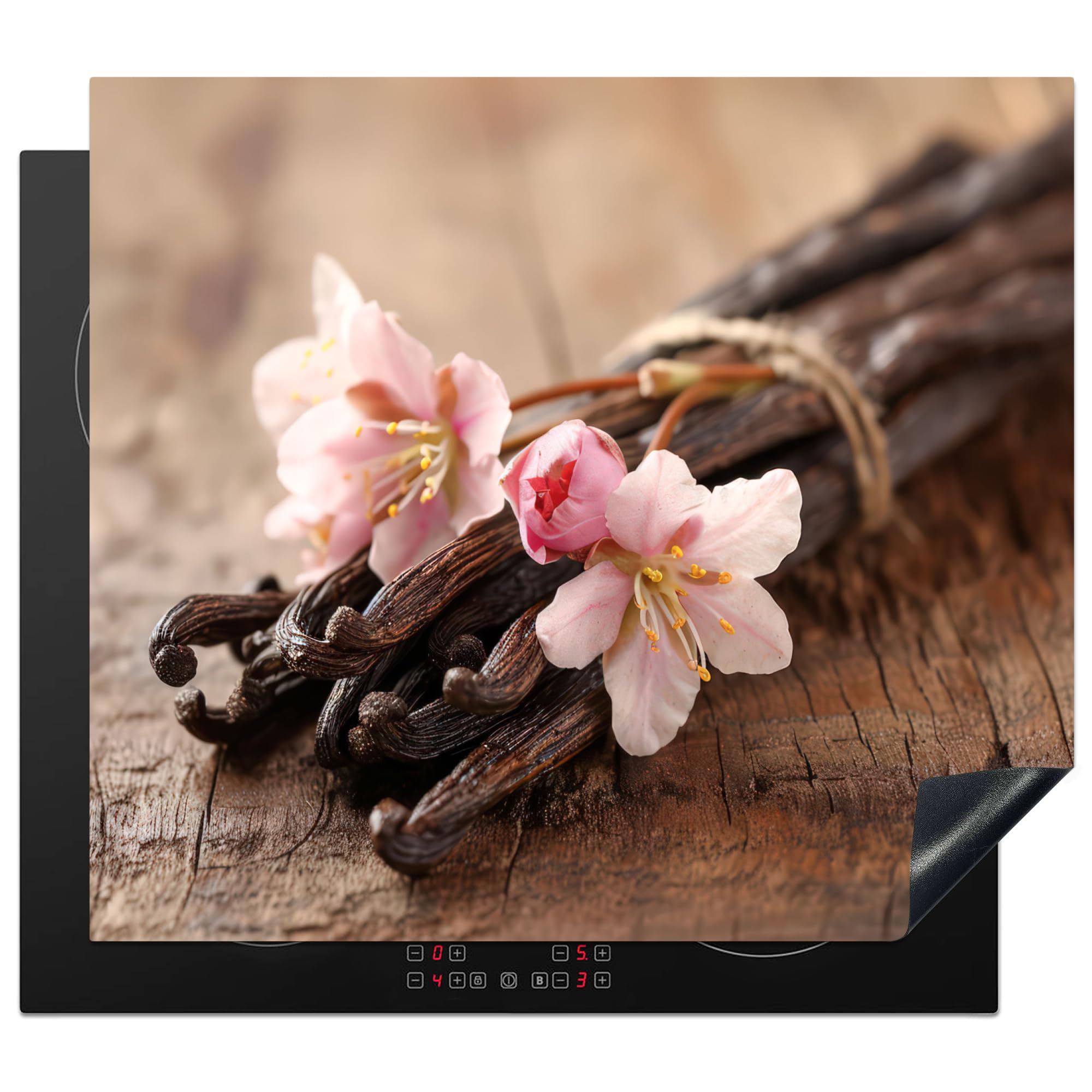 KitchenYeah© Induction Hob Cover Protector Mat 20.1"x23.2" / 59x51 cm Kitchen Universal Ceramic Covers for Electric Cookers Vinyl Vanilla - Flowers - Vanilla pods - Wood - Pink — image 1