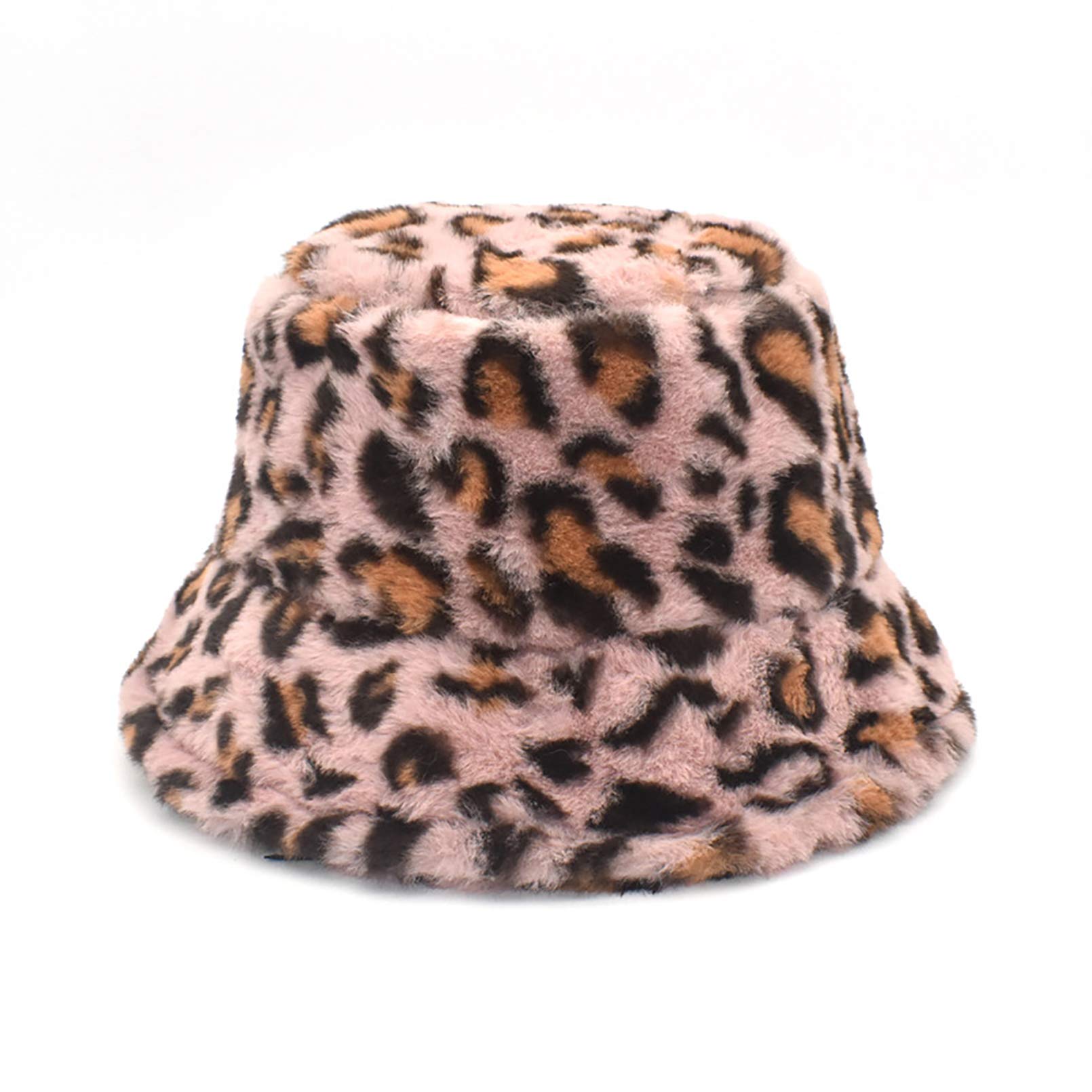 BeFur Women Winter Bucket Hats Wide Brim Faux Fur Leopard Print Foldable Fisherman Cap Pink