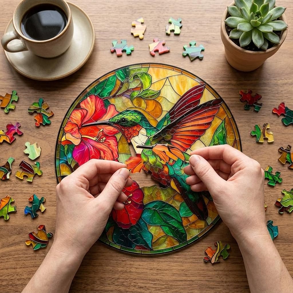 Acrylic Hummingbird Puzzles Window Hanging, 83 Piece DIY Stained Glass Style Art Decor for Home Office Garden Window Hanging, 7.87 in Hummingbird Puzzle Rainbow, DIY Puzzle Kits for Adults — view 4
