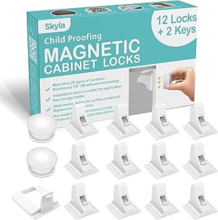 Skyla Homes Magnetic Cabinet Locks (12-Pack 2 Keys) Baby Proofing & Child Safety The Safest, Quickest and Easiest Multi-Purpose 3M Adhesive Child Proof Latches, No Screws or Tools Needed