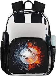 Mochila transparente com padrão de beisebol para uso pesado, mochila transparente impermeável de fogo de gelo de beisebol mochila transparente de PVC com alça de ombro reforçada para escola, trabalho, viagens, Multicor