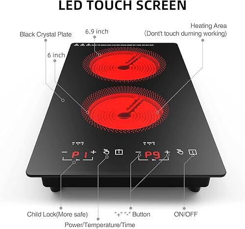 Miniatura 4 de GTKZW Estufa eléctrica de 12 pulgadas con pantalla táctil LED, control independiente de 110 V, 20 rangos de temperatura, 9 niveles de potencia,