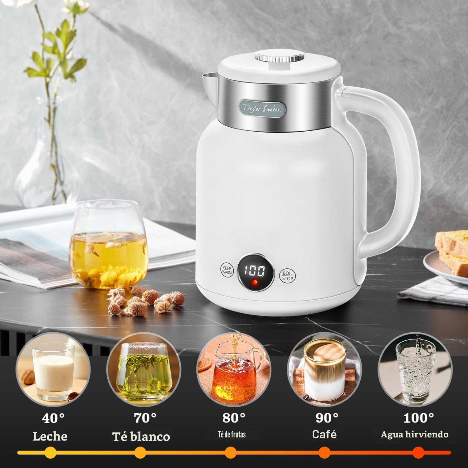 Taylor Swoden Zoey - Hervidor de Agua Retro de Toque Frío, 2200W 1.7L, Doble Pared de Acero Inoxidable, Ajuste de Temperatura, Pantalla LED con Temperatura en Tiempo Real, Mantener Caliente 1 hora(1)