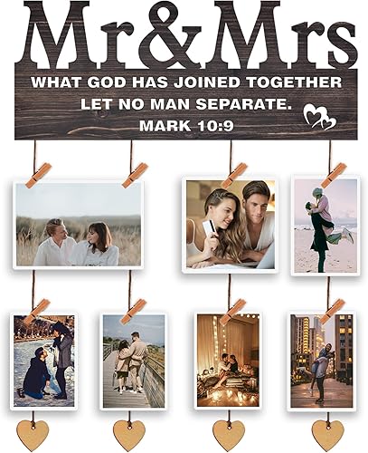 Yudarte Mr & Mrs - Decoración de dormitorio para parejas, tablero de collage colgante de fotos de pared con clips y cordel, 13.5 x 5.5 pulgadas,