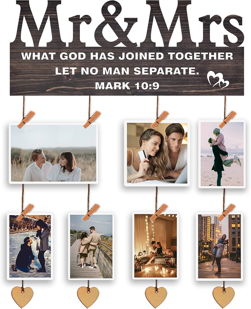 Yudarte Mr & Mrs Bedroom Decor for Couples - Wall Picture Hanging Collage Board with Clips and Twine 13.5x5.5 Inches - Religious Marriage Gifts for Couple - What God Has Joined Together Mark 10:9
