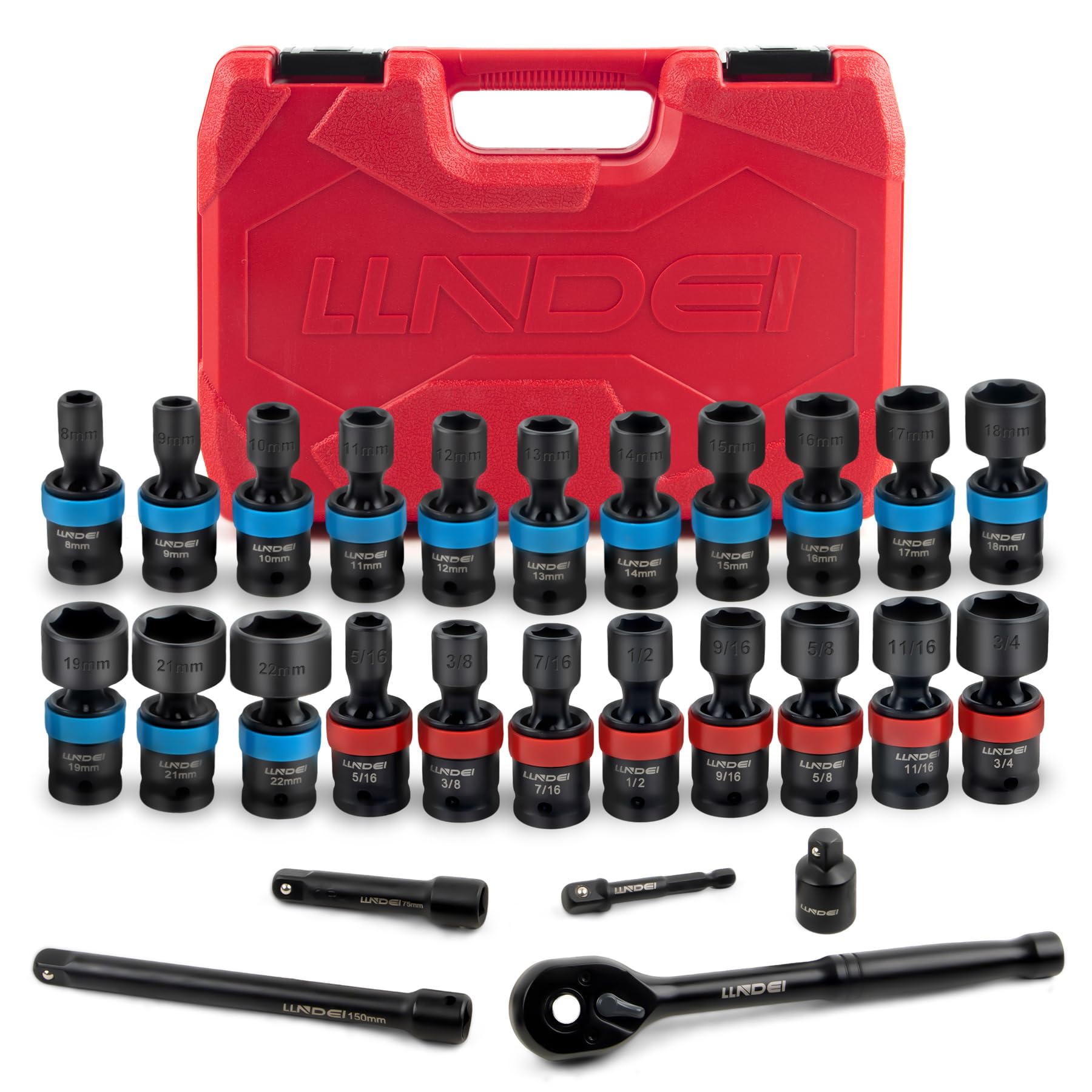 LLNDEI 27Pcs 3/8" Drive Swivel Impact Socket Set, CR-MO Swivel Socket Set Metric(8-22mm)& SAE(5/16-3/4),6 Point Wobble Socket Set with Ratchet Wrench,