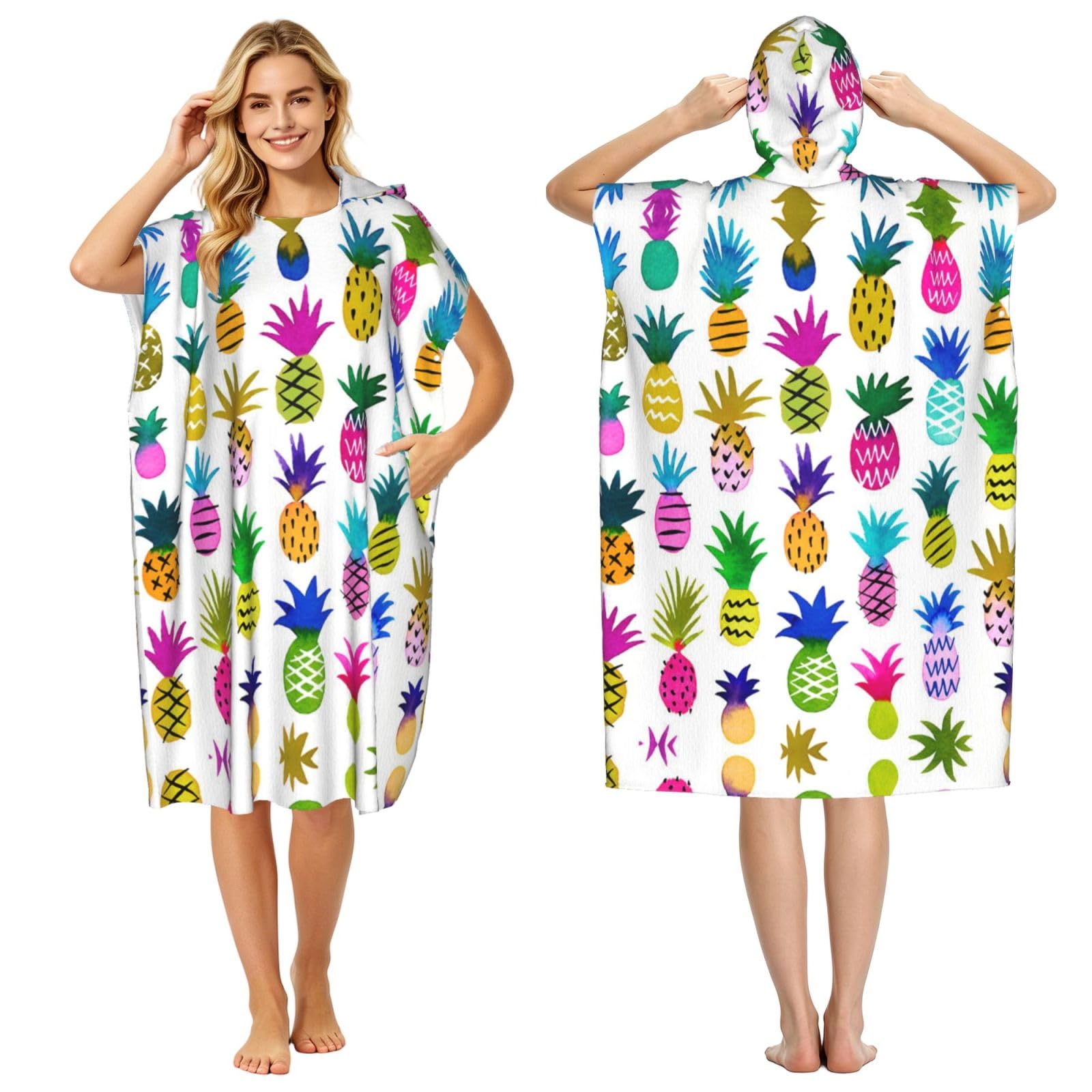 EZDLOWVBA Rainbow Pineapple Print Hooded Poncho Microfiber Beach Towel,Adult Women & Men Changing Robe,Lightweight Summer Surf Swim Bath Poncho Towel