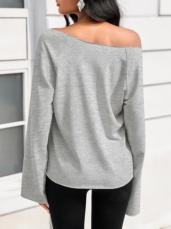 Fisoew Womens Off The Shoulder Tops Sweatshirts Lightweight Oversized Pullovers Long Sleeve Y2k Loose Fit Tunic Tops Grey image 2