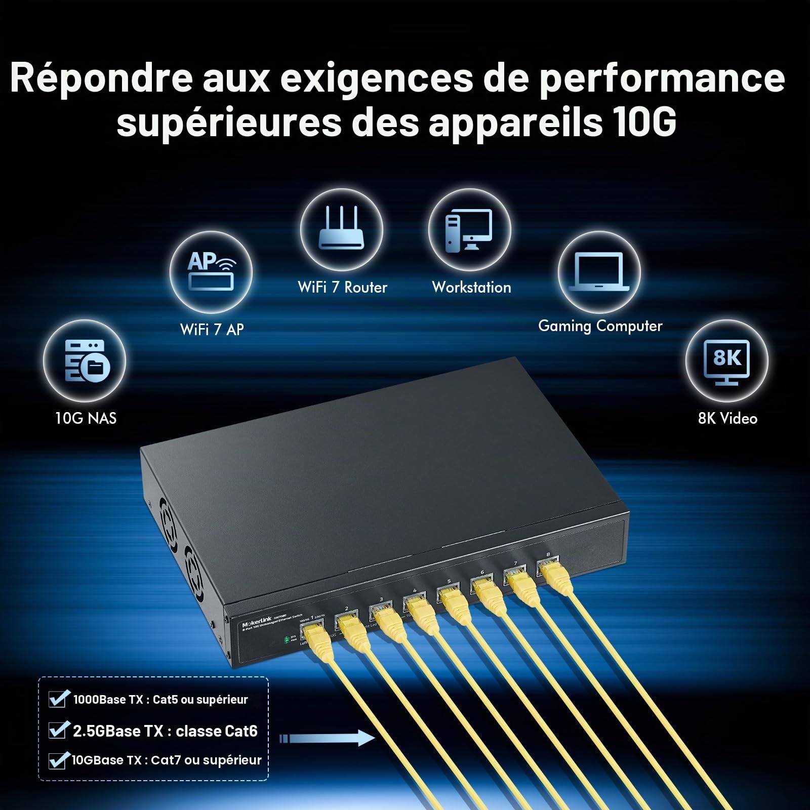 MokerLink Commutateur réseau Ethernet non-géré 10G 8 ports, 10G/5G/2,5G/1G auto-adaptatif, Plug and Play, Commutateur réseau de bureau en métal|à montage sur rack