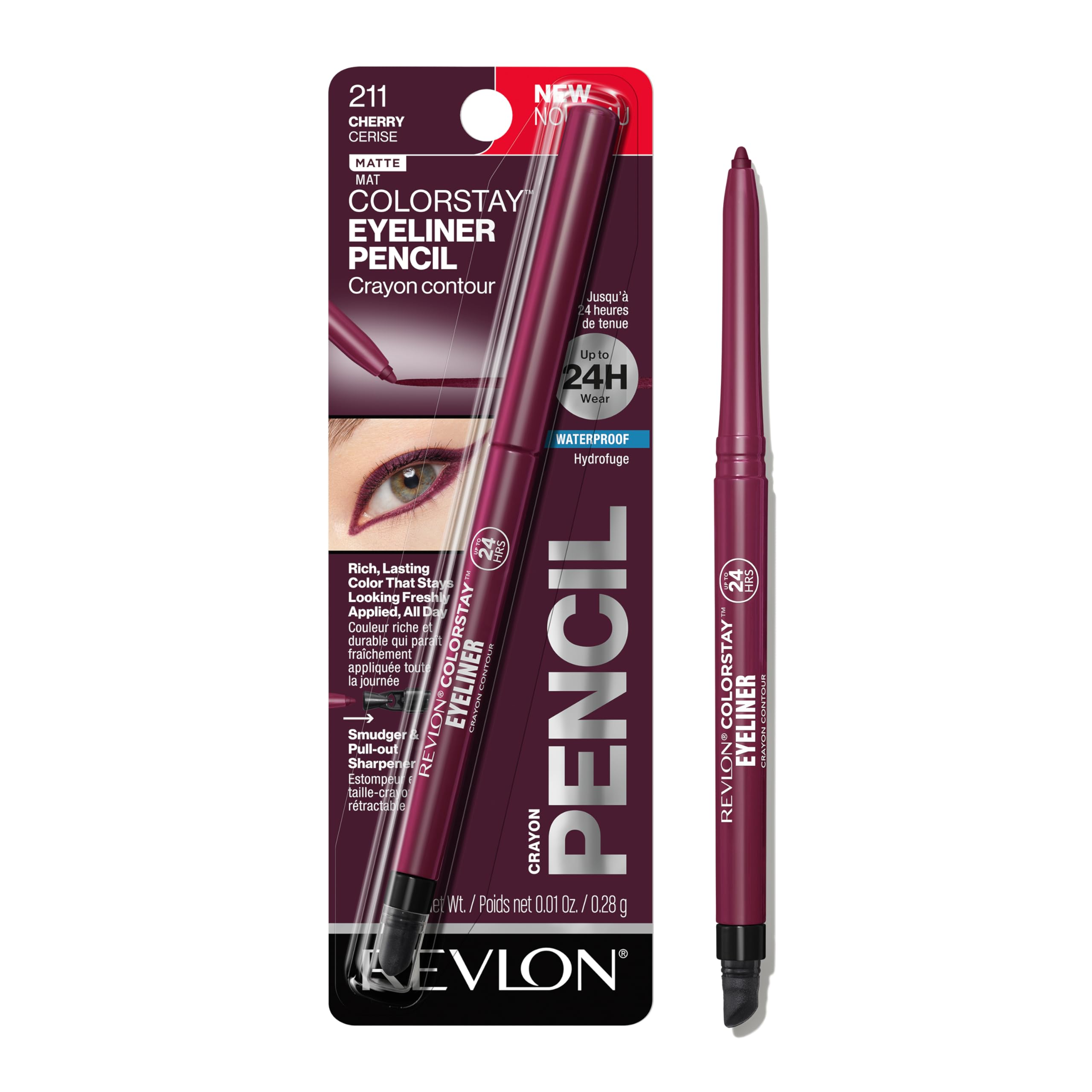 REVLON ColorStay Pencil Waterproof Eyeliner, 211 Cherry, 0.01 oz Cherry 0.01 Ounce (Pack of 1)