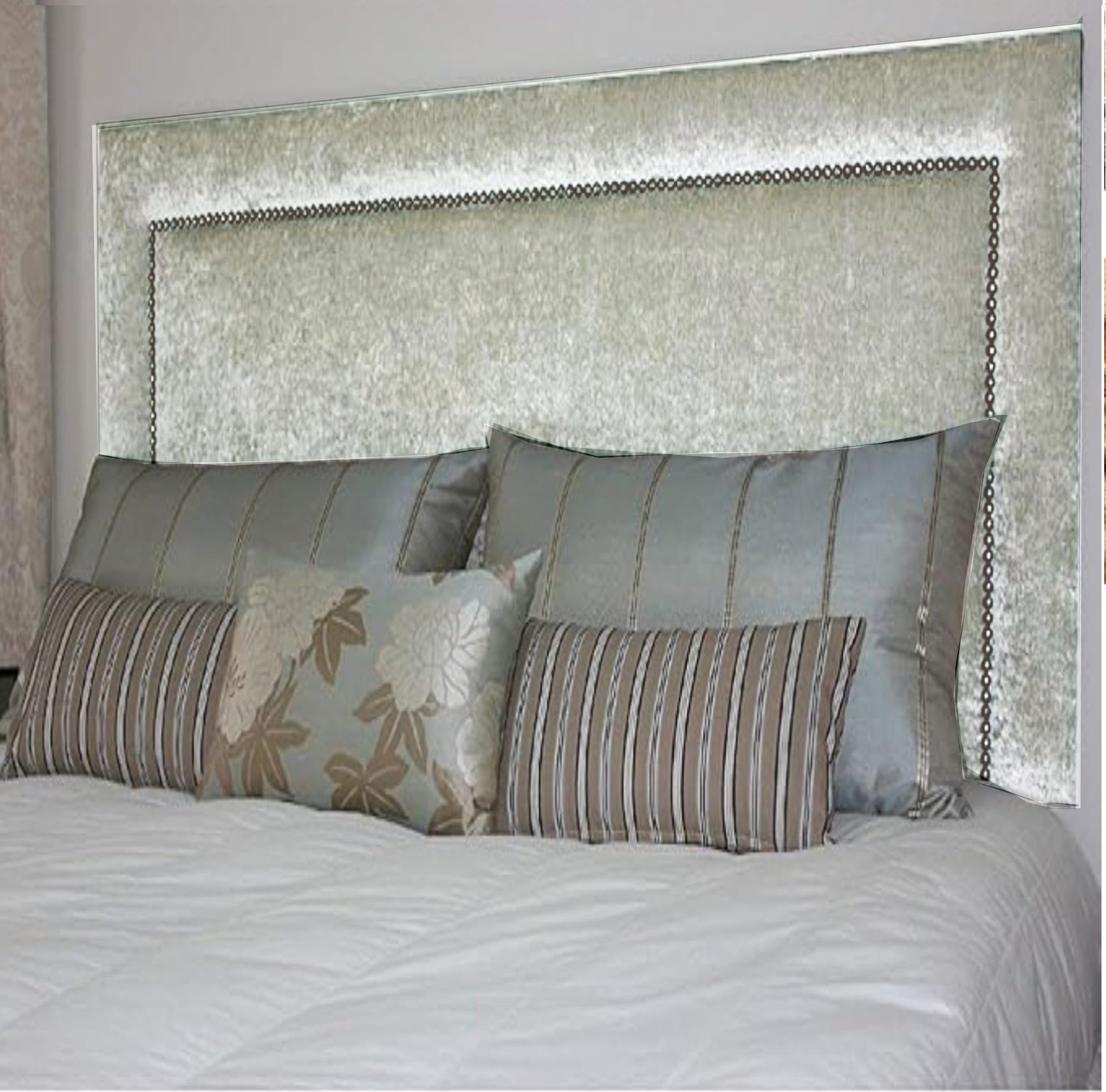ELEGANT DESIGN STUDDED HEADBOARD IN LUXURY CRUSHED VELVET FABRIC - 3FT SINGLE, 4FT SMALL DOUBLE, 4FT6 DOUBLE, 5FT KING SIZE, 6FT SUPER KING SIZE - 30" HEIGHT (SILVER, 6FT SUPER KING SIZE)