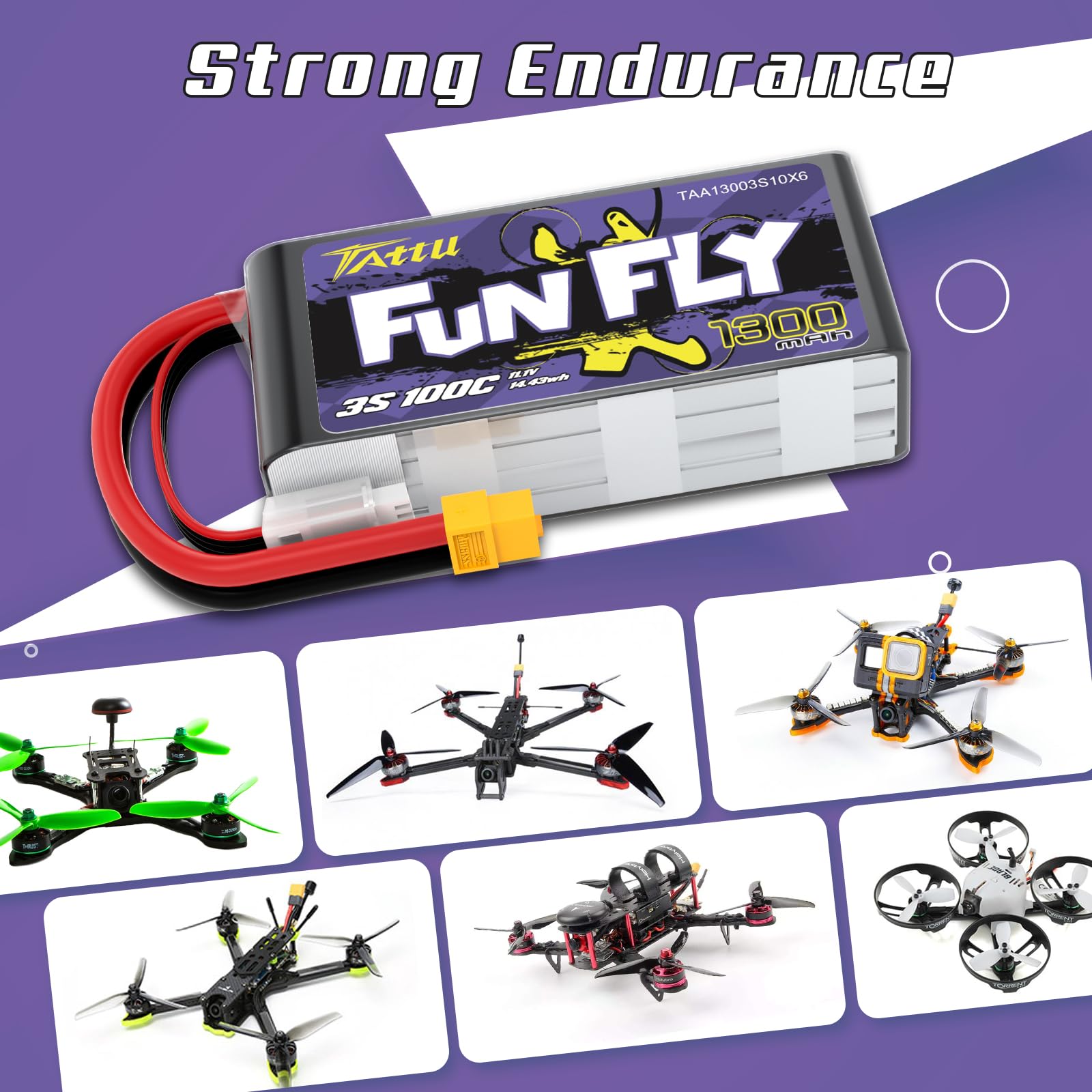 Tattu 3S LiPo 1300mAh 11,1V 100C Funfly Batería con conector XT60 para UAV, Drones FPV y Quadricópteros
