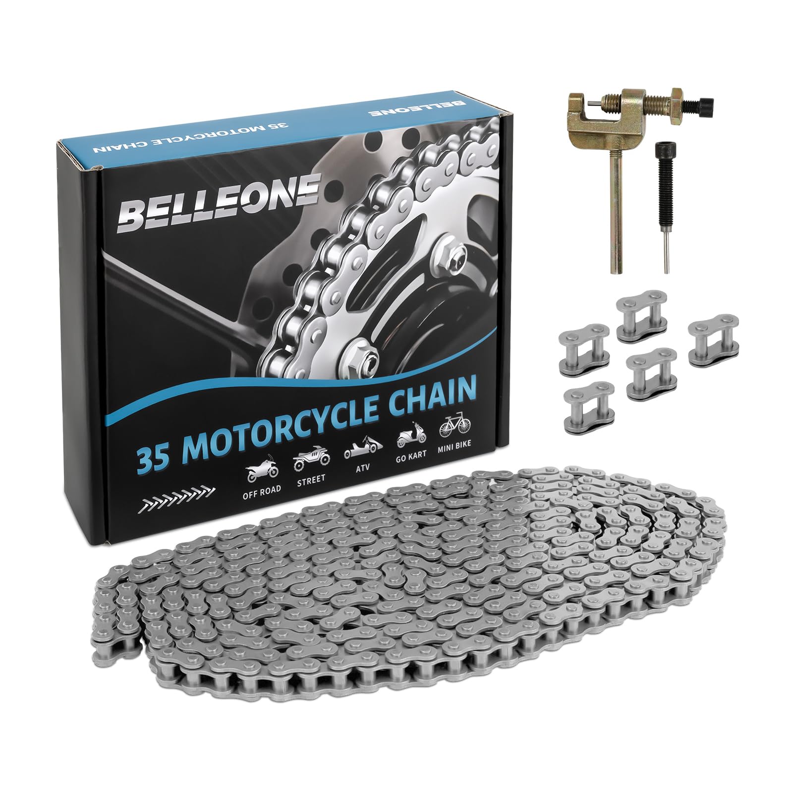 Belleone #35 Roller Chain 10 Feet -320 Links #35 Chain with Chain Breaker & 5 Connecting Links for Go Karts, Motorcycles, Mini Bikes, Bycicles, Other Home and Industrial Machinery