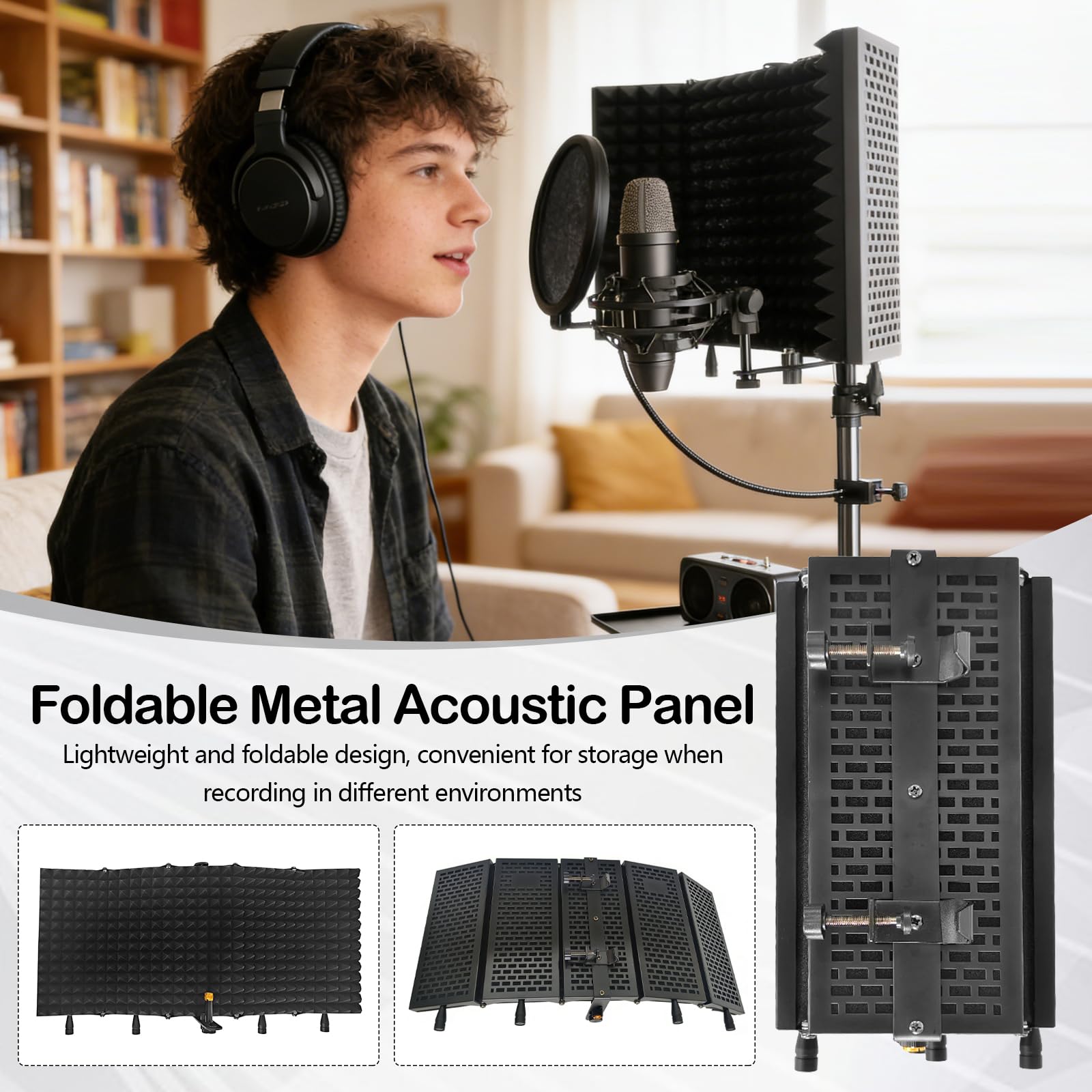 Mikrofon Schallschutz, 5 Panel Standmikrofon Akustikschaumstoff Windschutz mit 180CM Einstellbare Stativ Mikrofonständer für 3/8 '' bis 5/8 '' Mikrofon Adapter für Aufnahmegerät Aufnahmestudio
