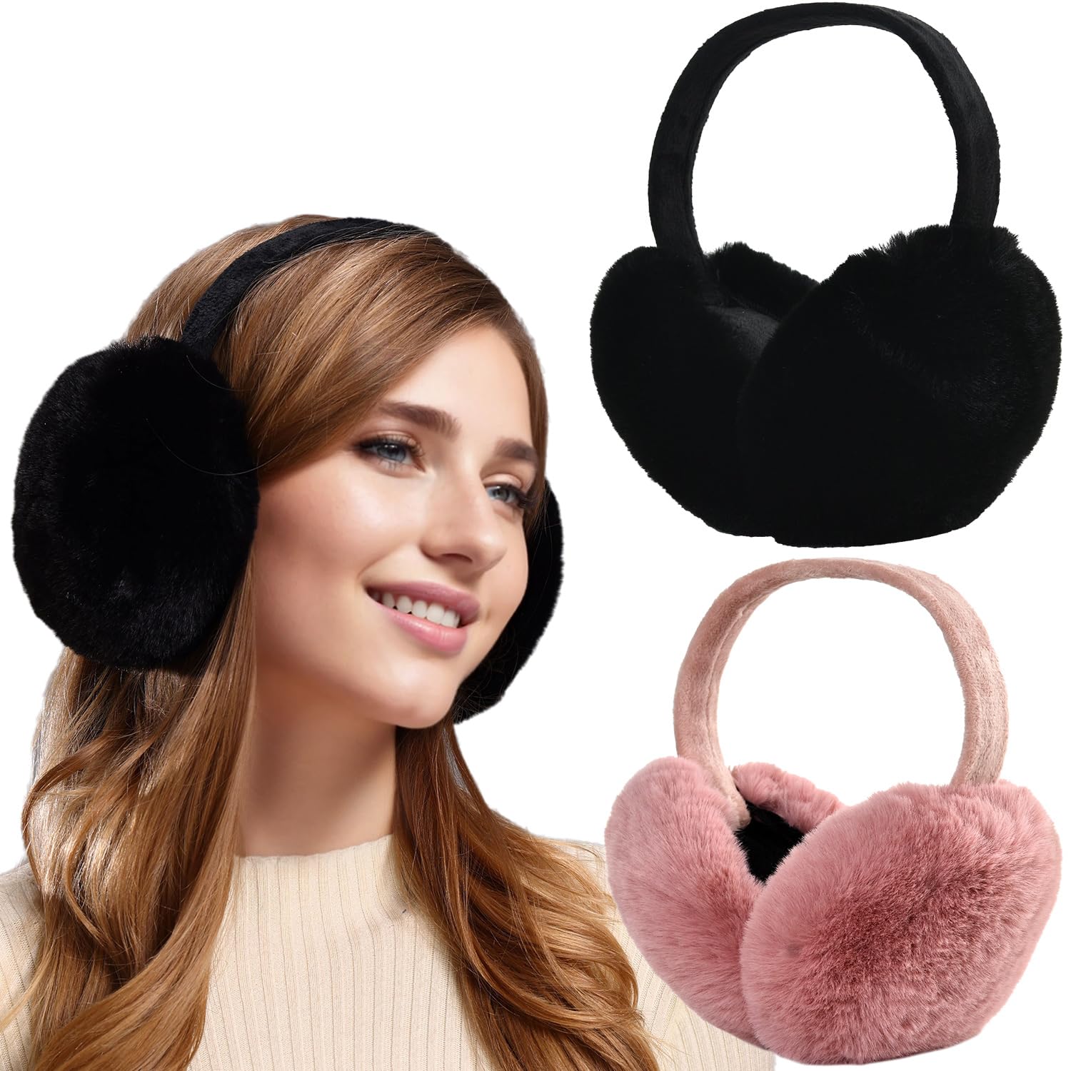 Dwenarry Women's Black Ear Muffs + Pink Ear Muffs Winter Ear Muffs Warm Faux Fur Earmuffs Foldable Ear Warmer Ear Covers 2Pack